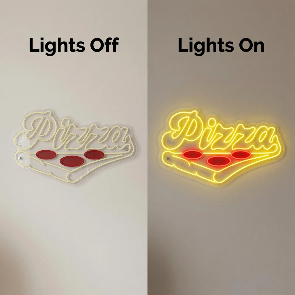 Pizza Bedroom Decor LED Neon Sign - 06 Day Night Comparison