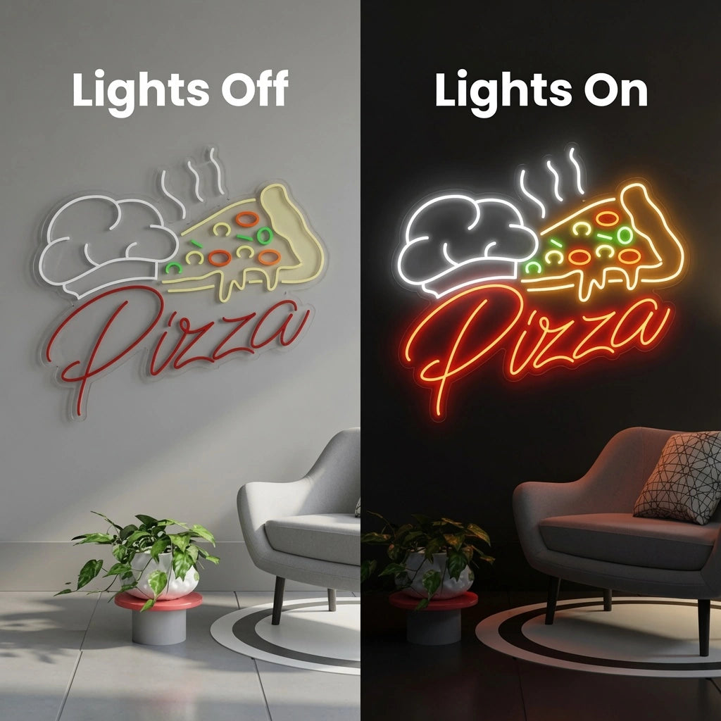 Pizza LED Neon Sign Wall Decor - 06 Day Night Comparison