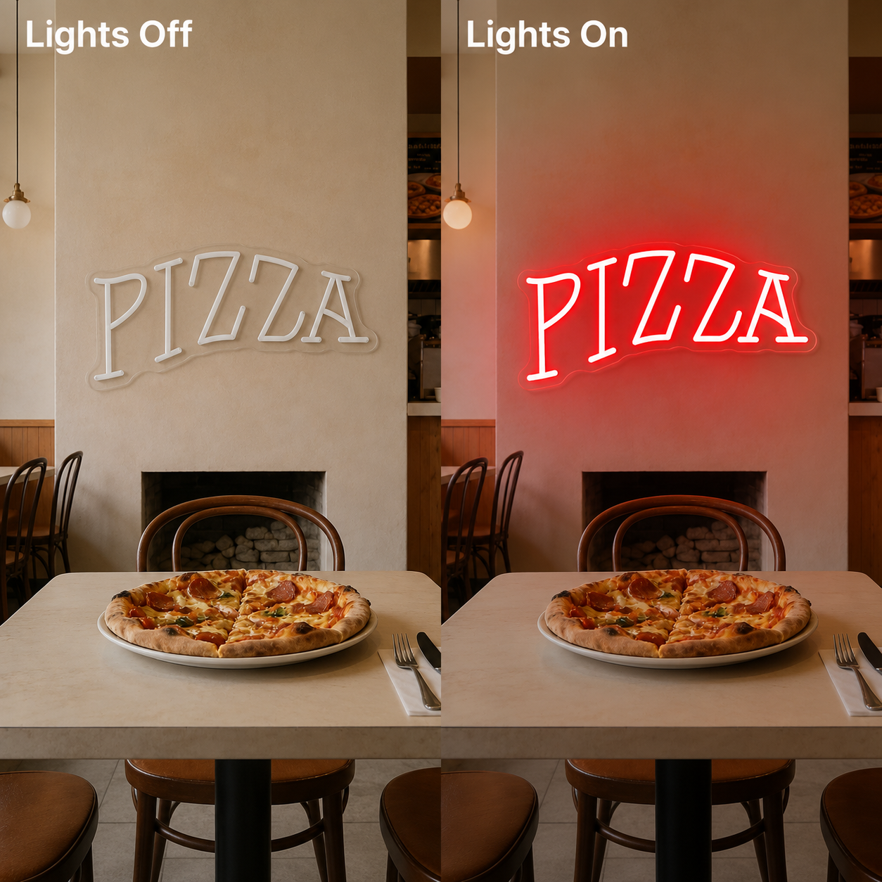 Pizza Retail Wall Art LED Neon Sign - 06 Day Night Comparison