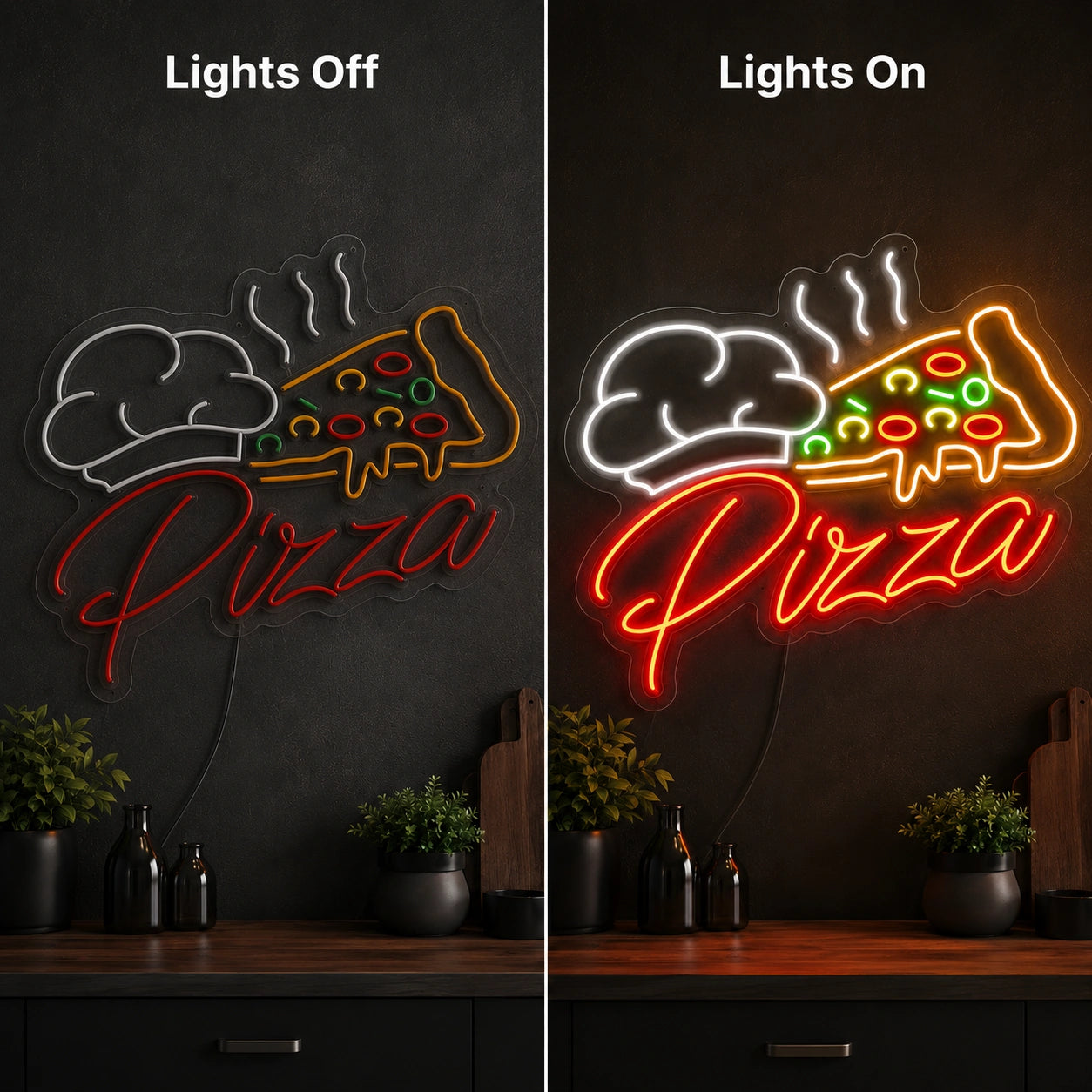 Pizza Slice LED Neon Sign - 06 Day Night Comparison