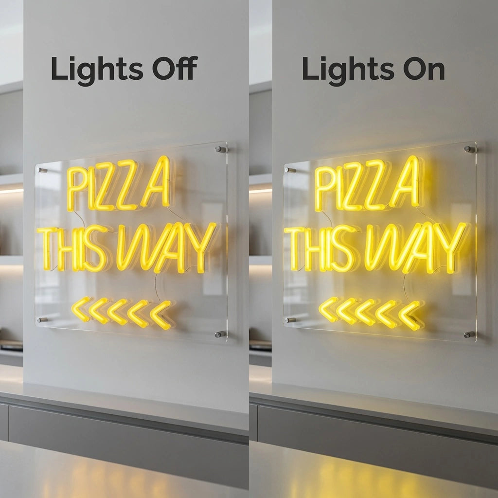 Pizza This Way Wall Decor LED Neon Sign - 06 Day Night Comparison