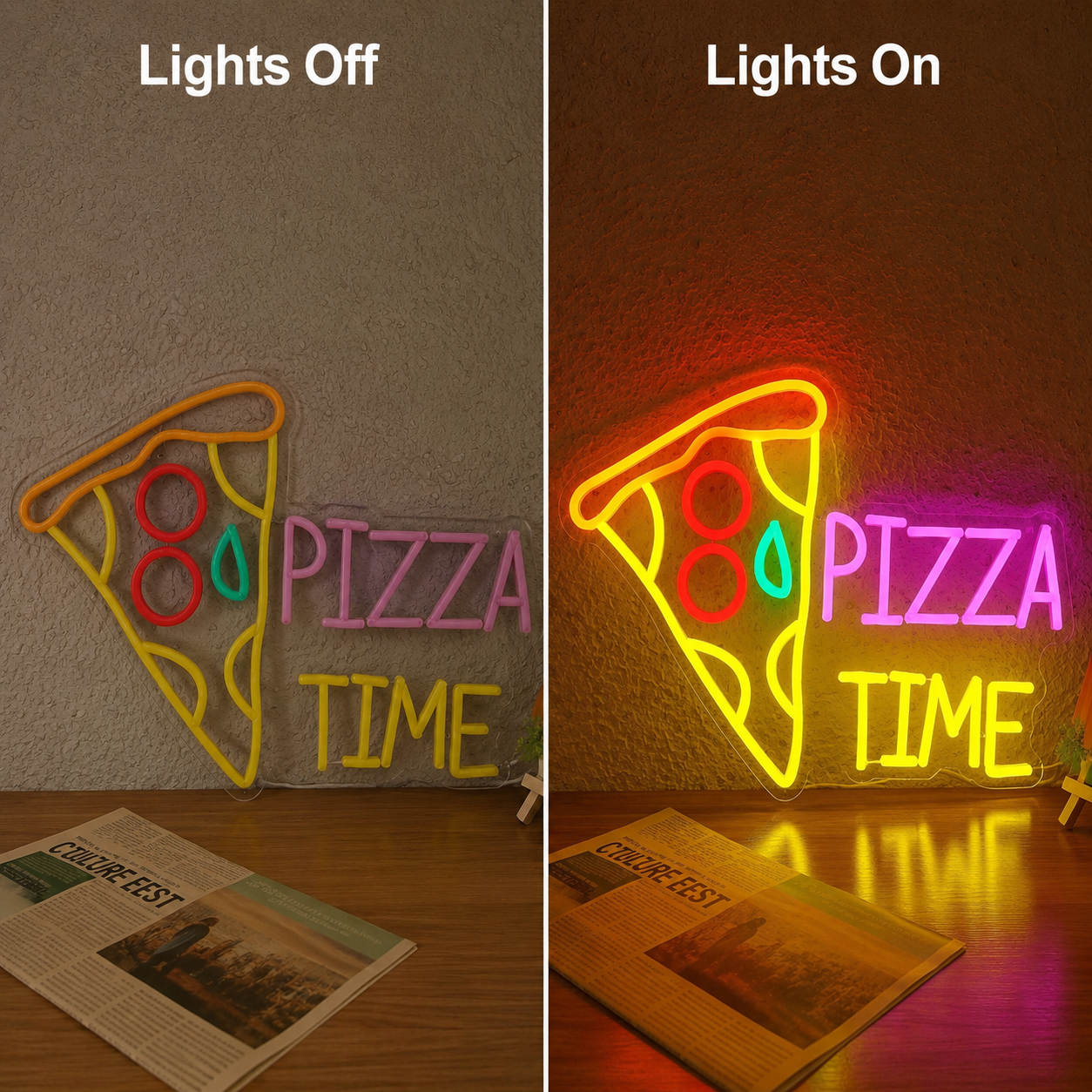 Pizza Time LED Neon Sign - 06 Day Night Comparison