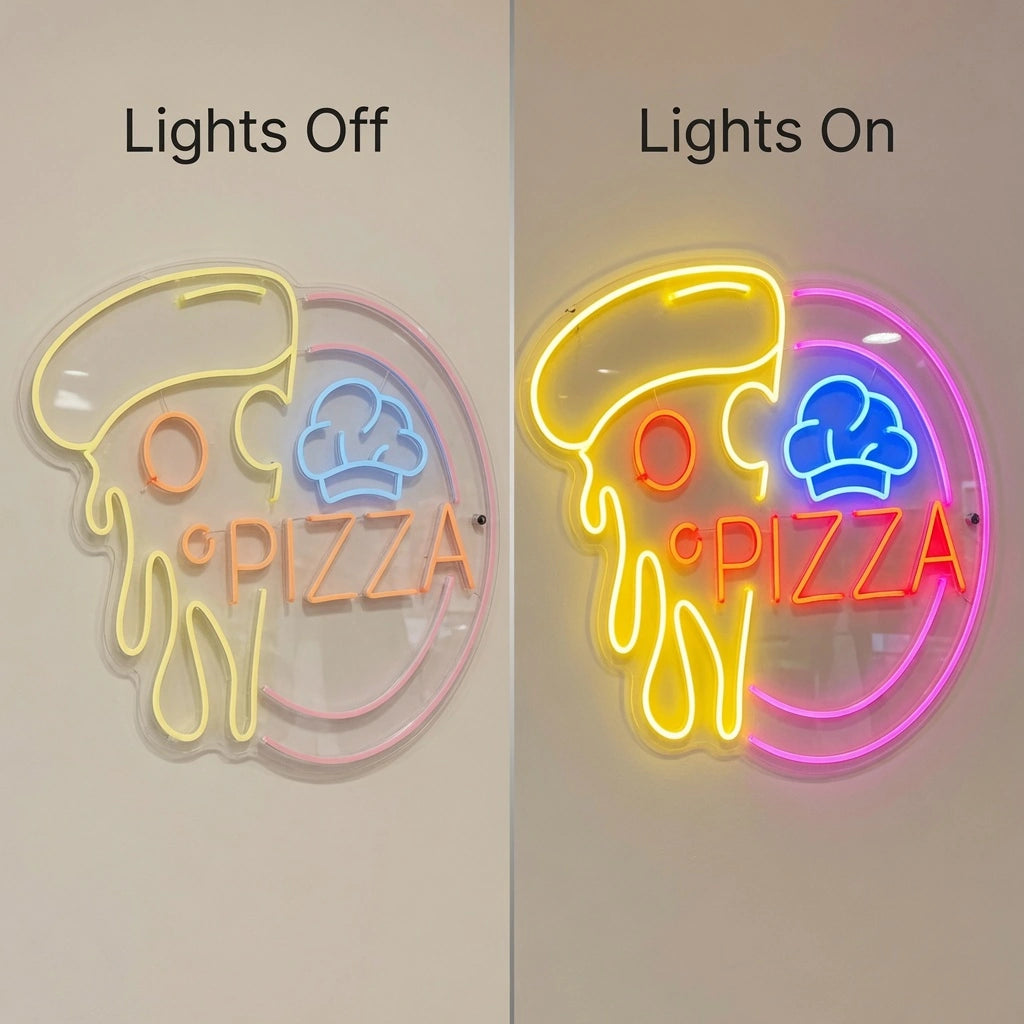 Pizza Wall Decor LED Neon Sign - 06 Day Night Comparison