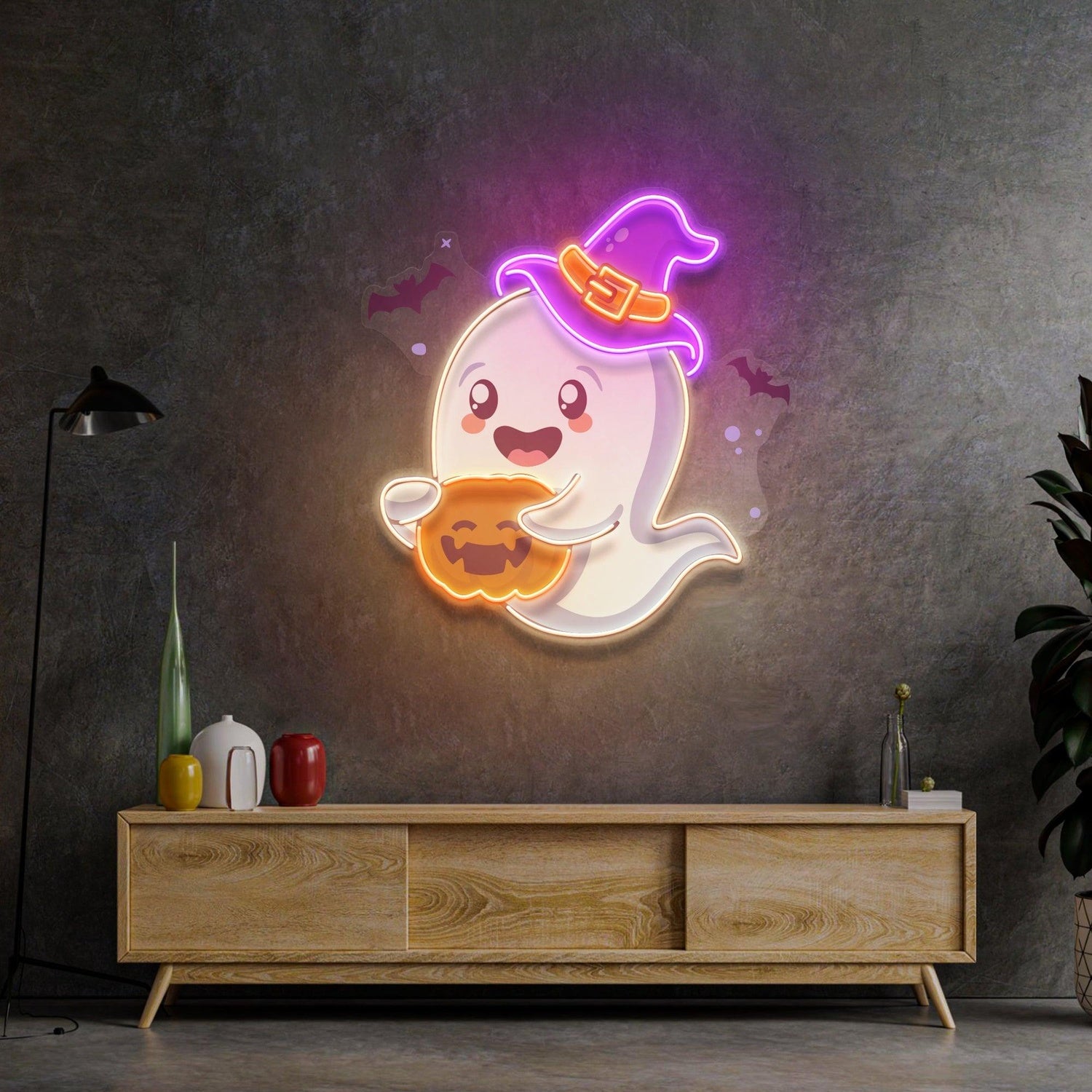 Playful Ghost Witch Hat Pumpkin Uv Printed Led Neon Sign Halloween Indoor Decor | Shineneon