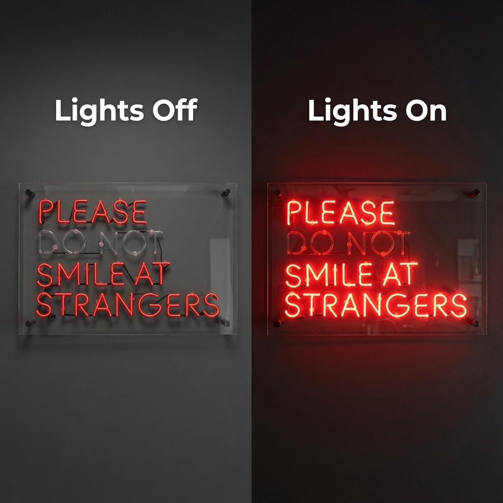 Please Don't Smile LED Neon Sign - 06 Day Night Comparison