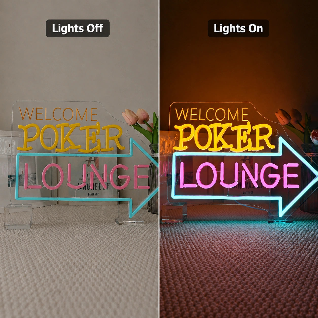 Poker Lounge Arrow Neon Sign LED Neon Sign day and night comparison