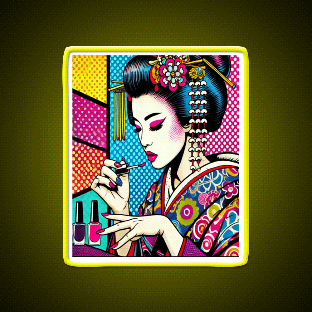 Pop Art Geisha Doing Nails Colorful Nail Salon Led Neon Sign Rgb Color - Custom LED neon sign front view