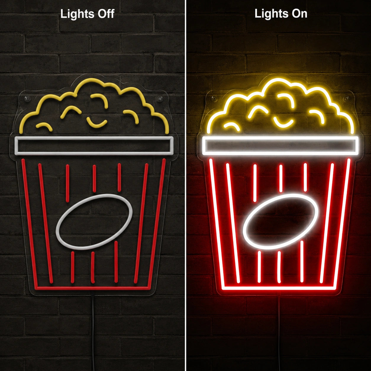 Popcorn Bowl Outline Neon Sign LED Neon Sign day and night comparison