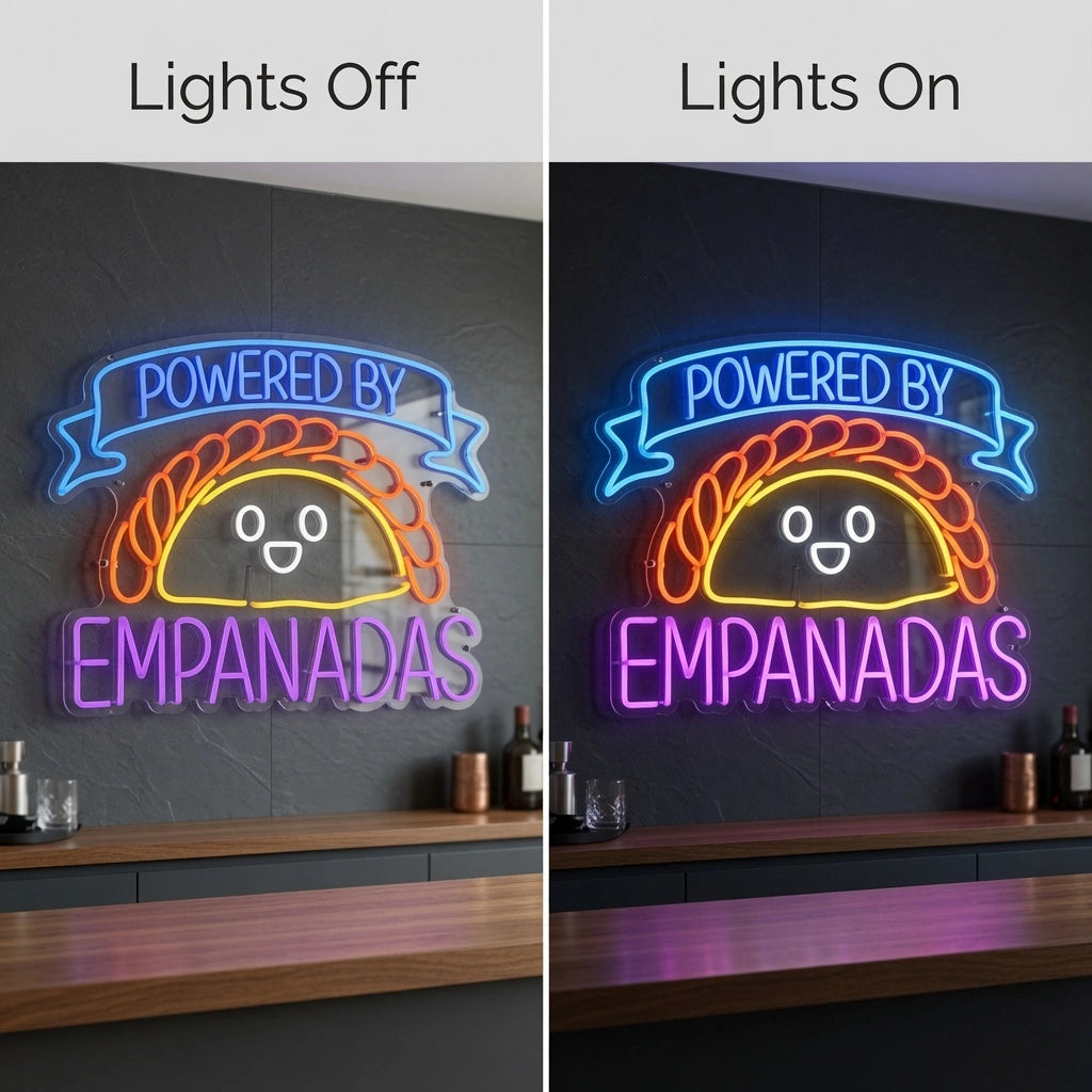 Powered By Empanadas LED Neon Sign - 06 Day Night Comparison