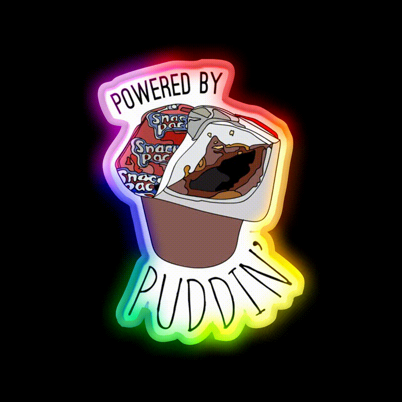 Powered By Puddin Snack Food Led Neon Sign Rgb Color - LED neon sign close-up detail