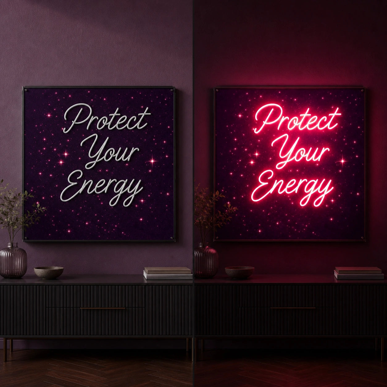 Protect Your Energy LED Neon Sign Garage Man Cave Neon Sign day and night comparison