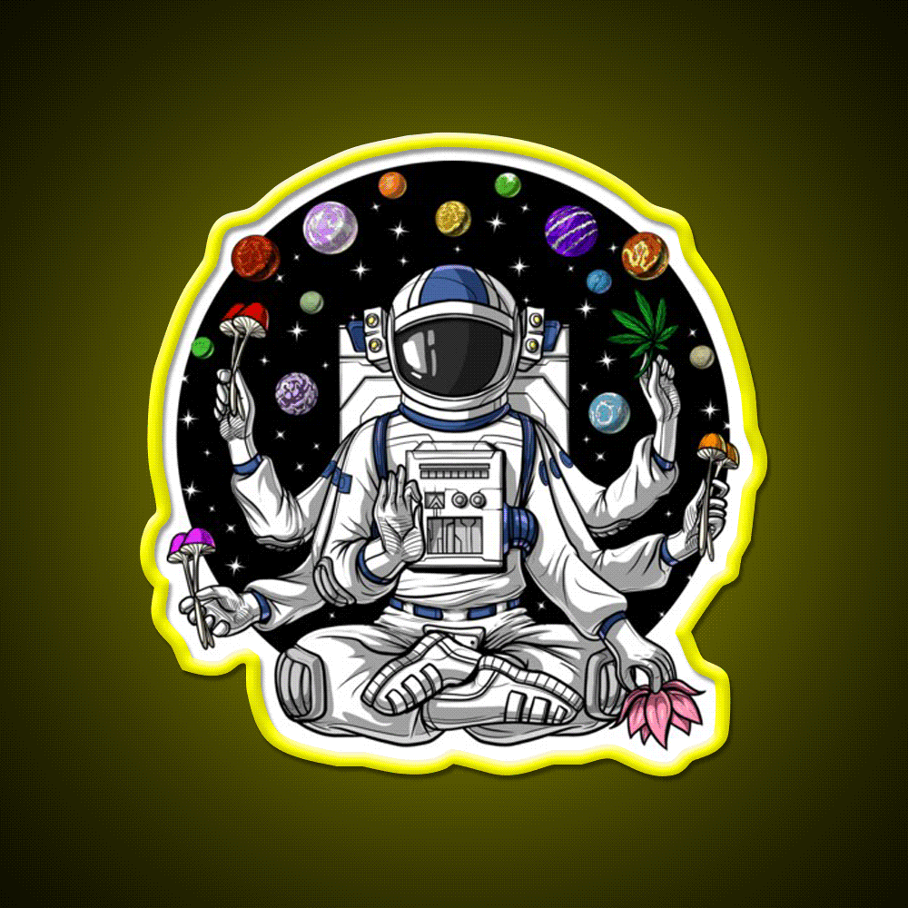 Psychedelic Astronaut Psychonaut Hemp Inspired Green Leaf Led Neon Sign Rgb Color - Custom LED neon sign front view