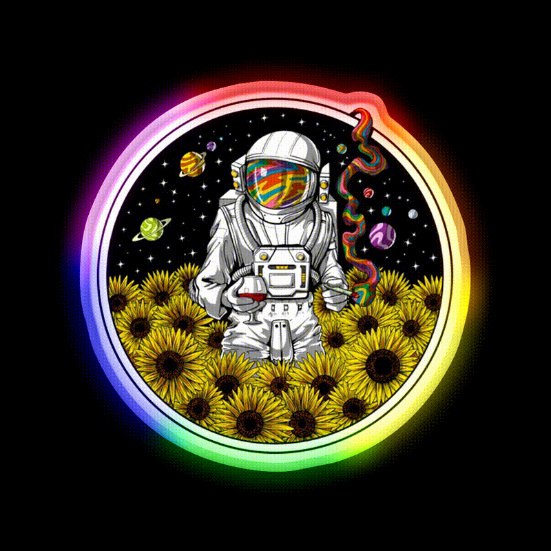 Psychedelic Astronaut Sunflowers Hemp Inspired Green Leaf Led Neon Sign Rgb Color - LED neon sign close-up detail