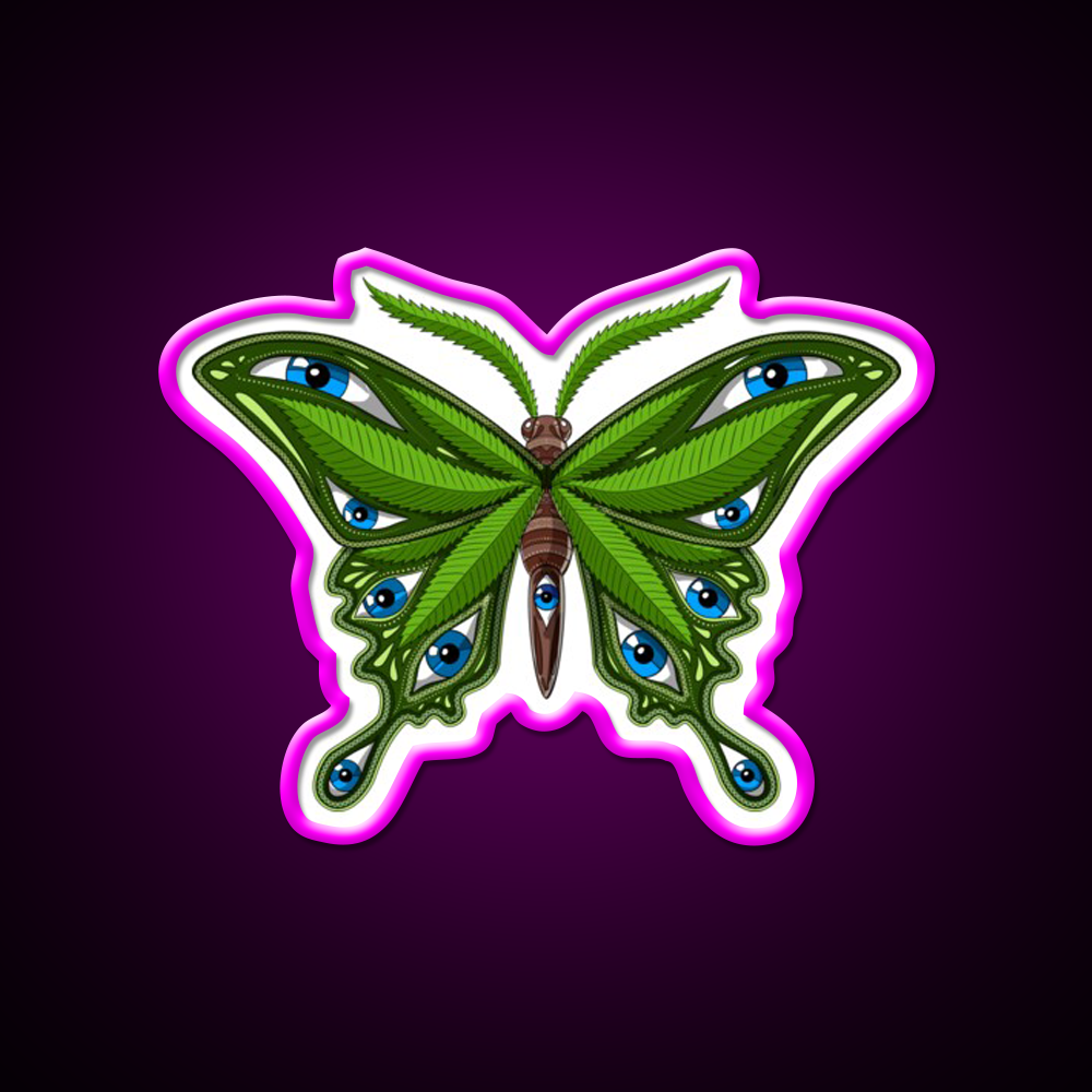 Psychedelic Butterfly Hemp Inspired Green Leaf Led Neon Sign Rgb Color - Neon sign mounted on wall in room