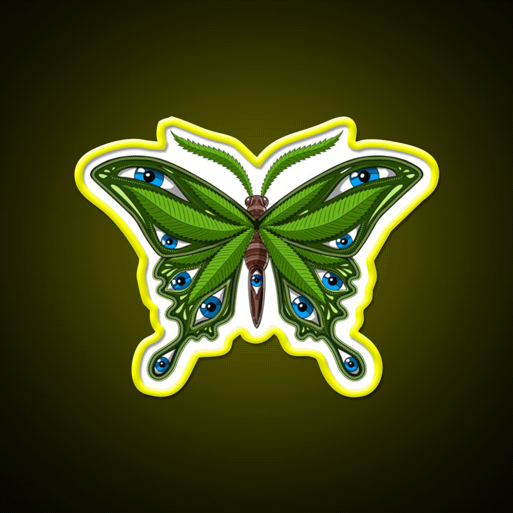 Psychedelic Butterfly Hemp Inspired Green Leaf Led Neon Sign Rgb Color - Custom LED neon sign front view