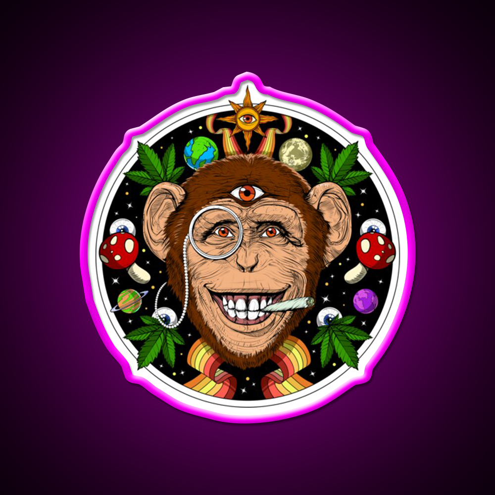 Psychedelic Monkey Stoner Hemp Inspired Green Leaf Led Neon Sign Rgb Color - Neon sign mounted on wall in room