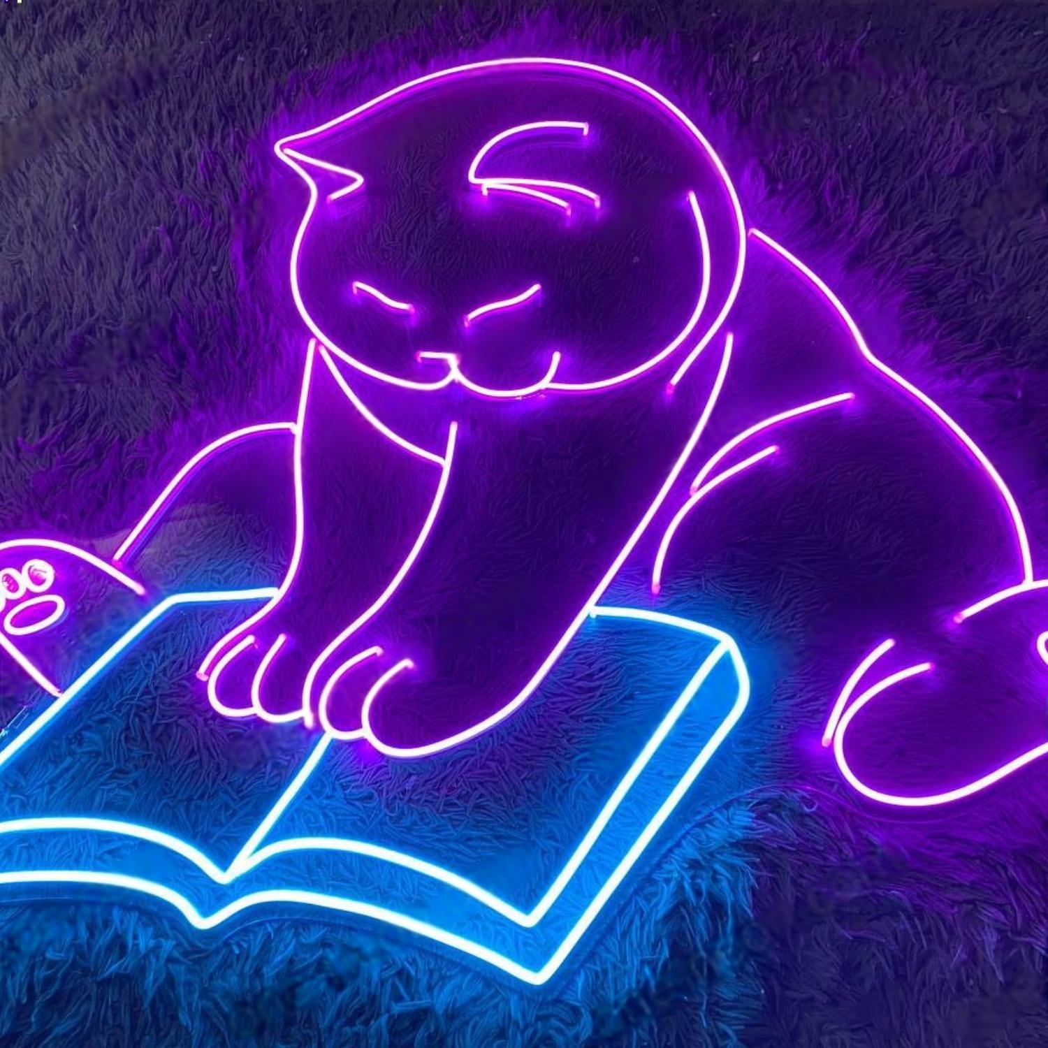 Purple Cat Reading Book Led Neon Sign For Home Cafe Decor | Shineneon