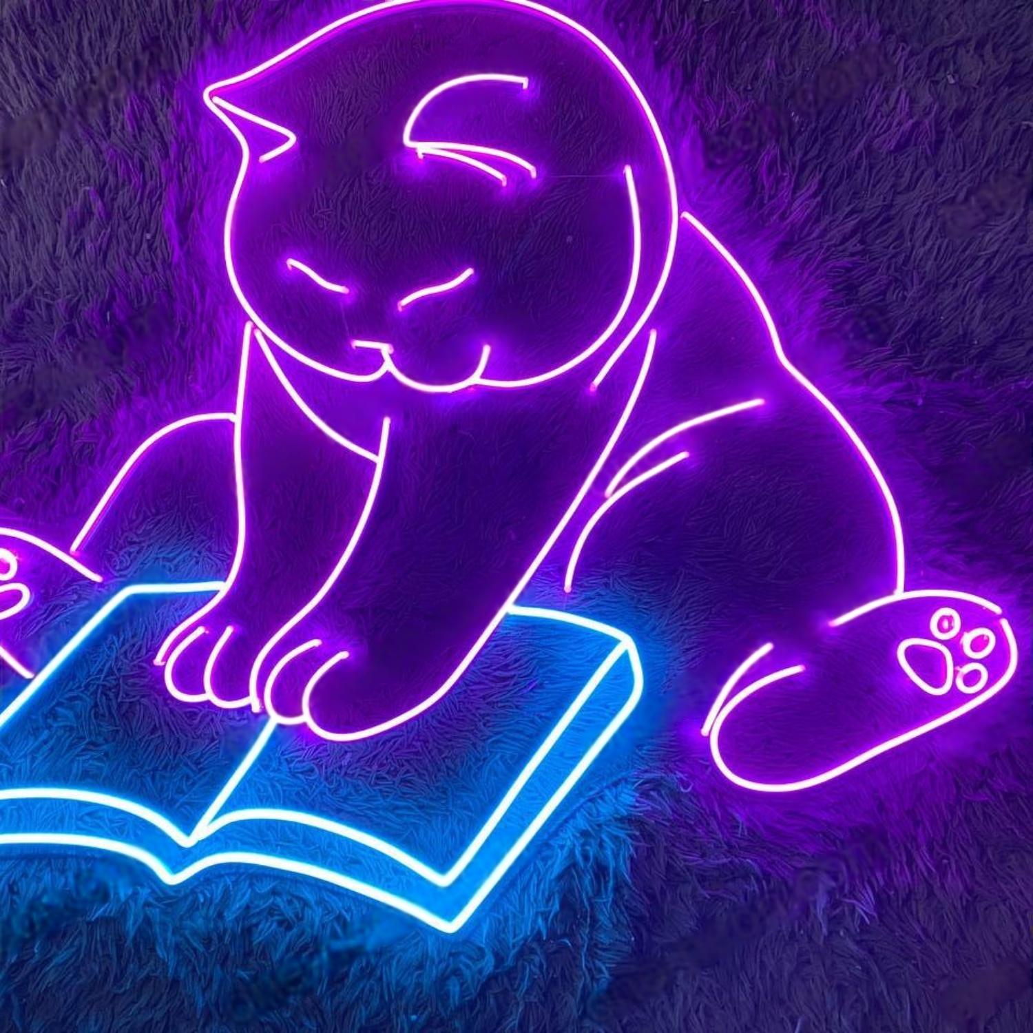 Purple Cat Reading Book Led Neon Sign For Home Cafe Decor | Shineneon