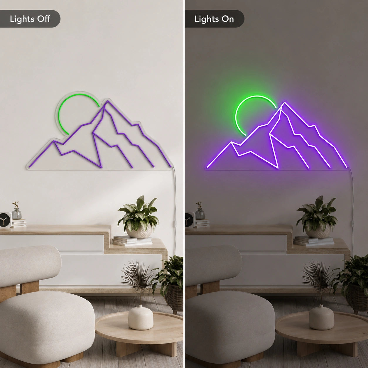 Purple Mountain Line Neon Sign LED Neon Sign day and night comparison
