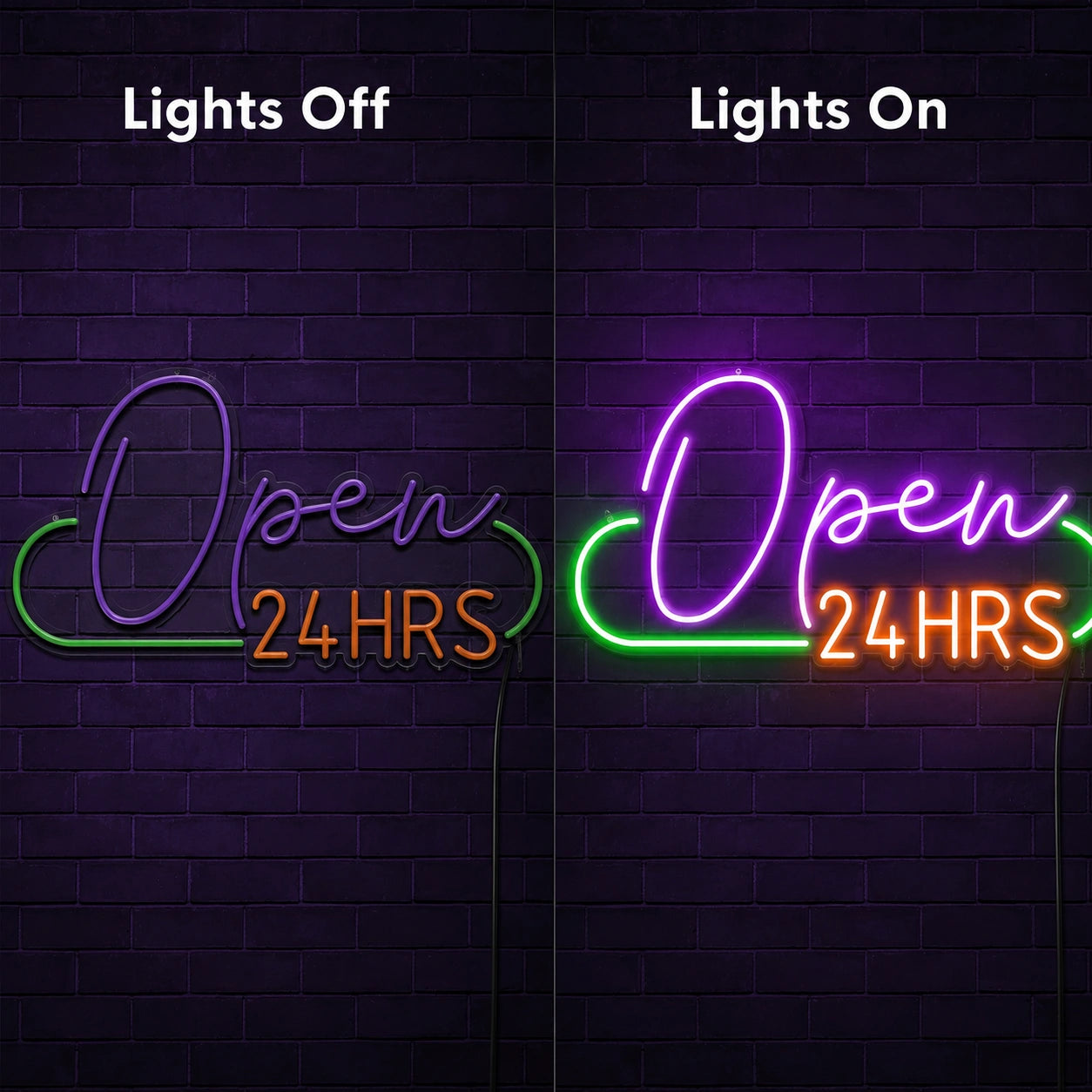 Purple Open 24 Hrs Neon Sign LED Neon Sign day and night comparison