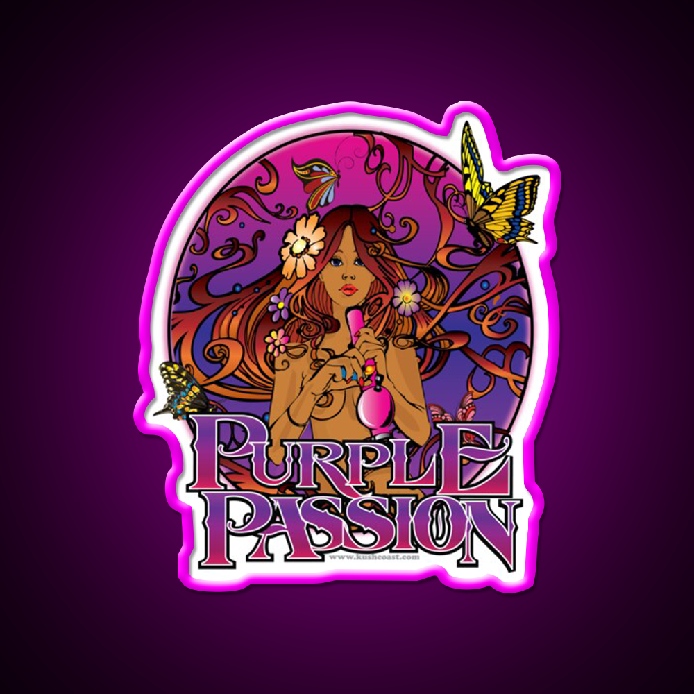 Purple Passion Strain Art Hemp Inspired Green Leaf Led Neon Sign Rgb Color - Neon sign mounted on wall in room