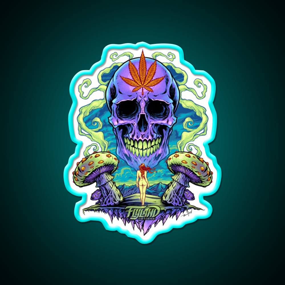 Purple Skull With Mushrooms Hemp Inspired Green Leaf Led Neon Sign Rgb Color - Size and dimension reference