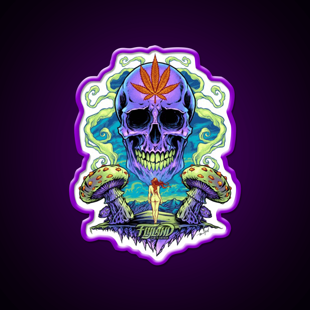 Purple Skull With Mushrooms Hemp Inspired Green Leaf Led Neon Sign Rgb Color - Shineneon