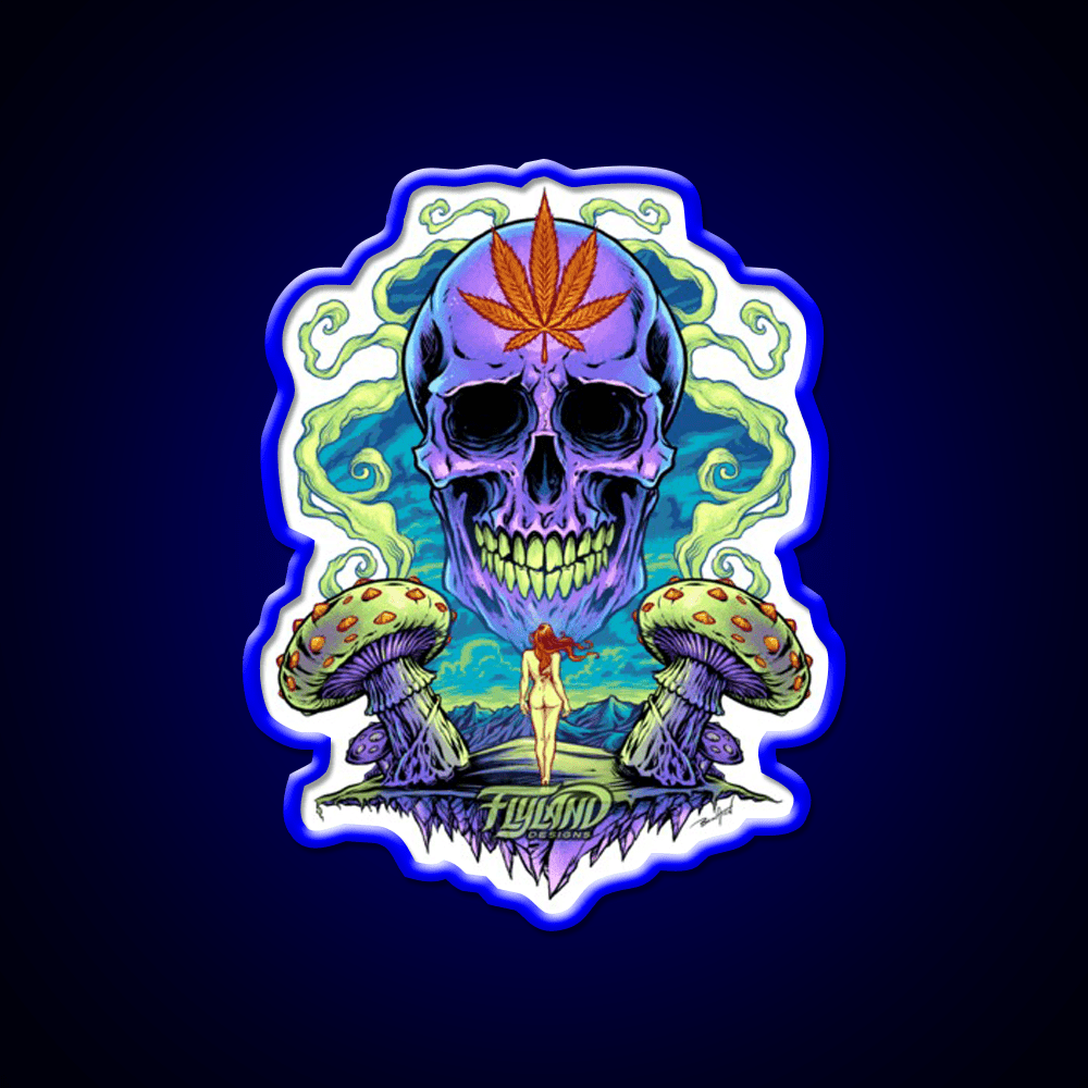 Purple Skull With Mushrooms Hemp Inspired Green Leaf Led Neon Sign Rgb Color - Shineneon