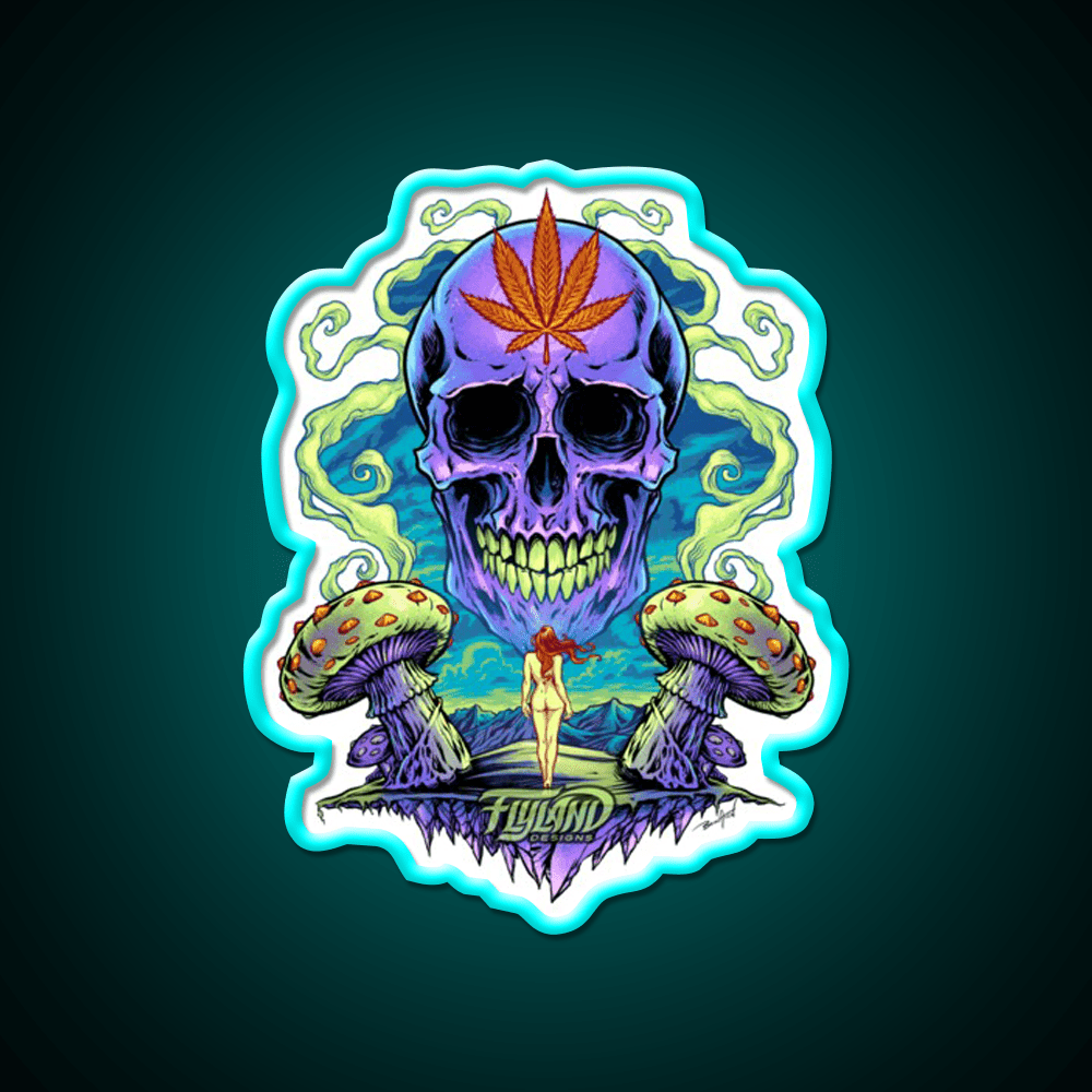 Purple Skull With Mushrooms Hemp Inspired Green Leaf Led Neon Sign Rgb Color - Shineneon