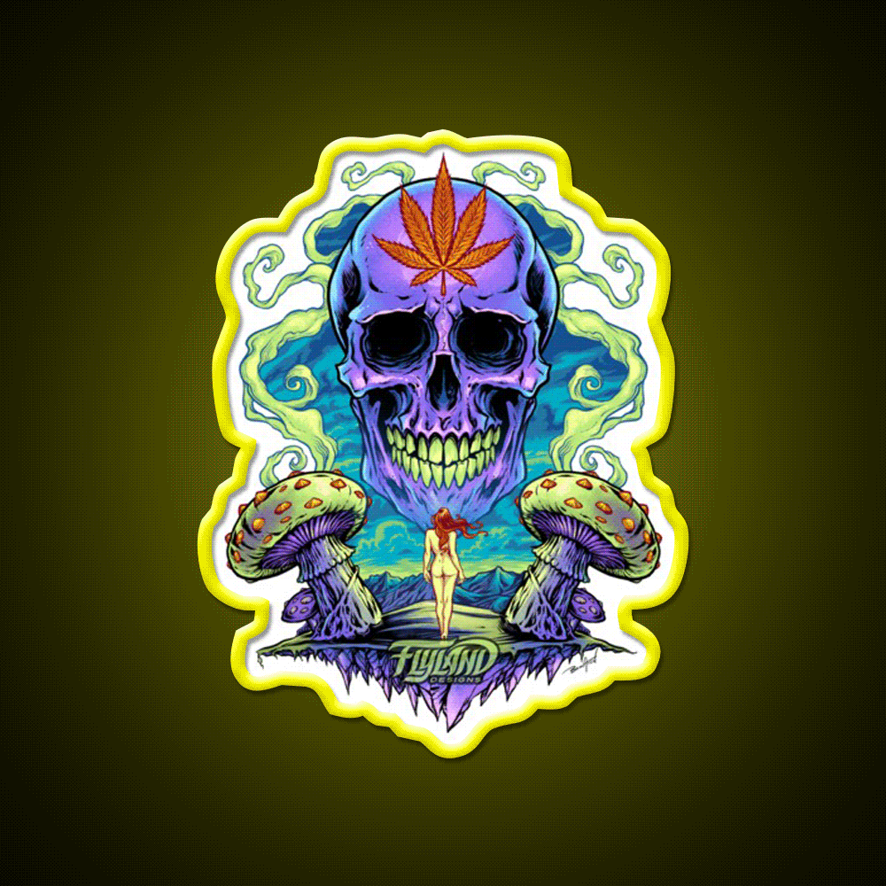 Purple Skull With Mushrooms Hemp Inspired Green Leaf Led Neon Sign Rgb Color - Custom LED neon sign front view
