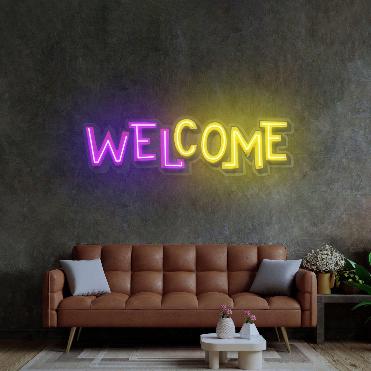Purple-Yellow Alternating Welcome Uv Printed Led Neon Sign For Home Cafe Decor | Shineneon