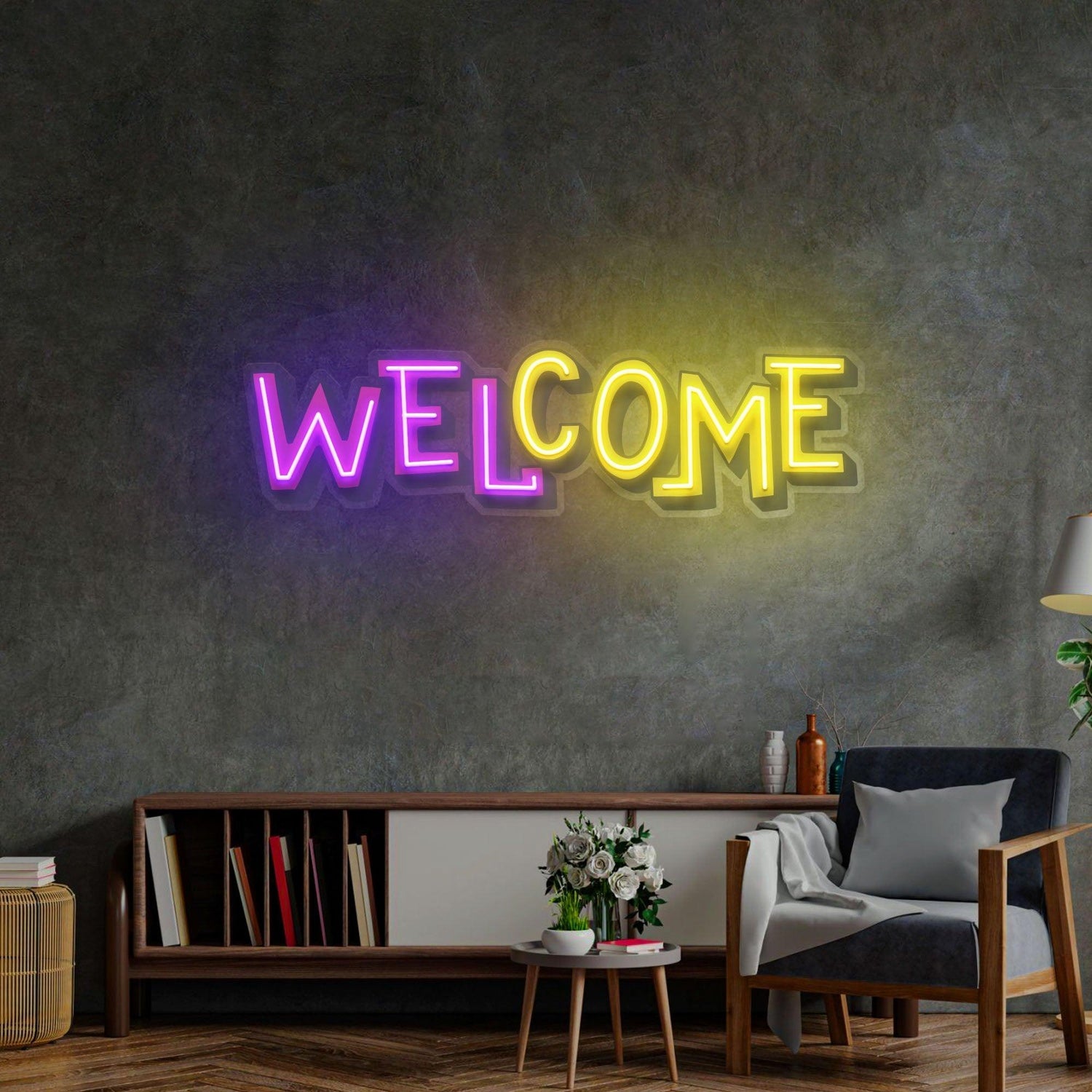 Purple-Yellow Gradient Welcome Uv Printed Led Neon Sign For Indoor Entry Decor | Shineneon