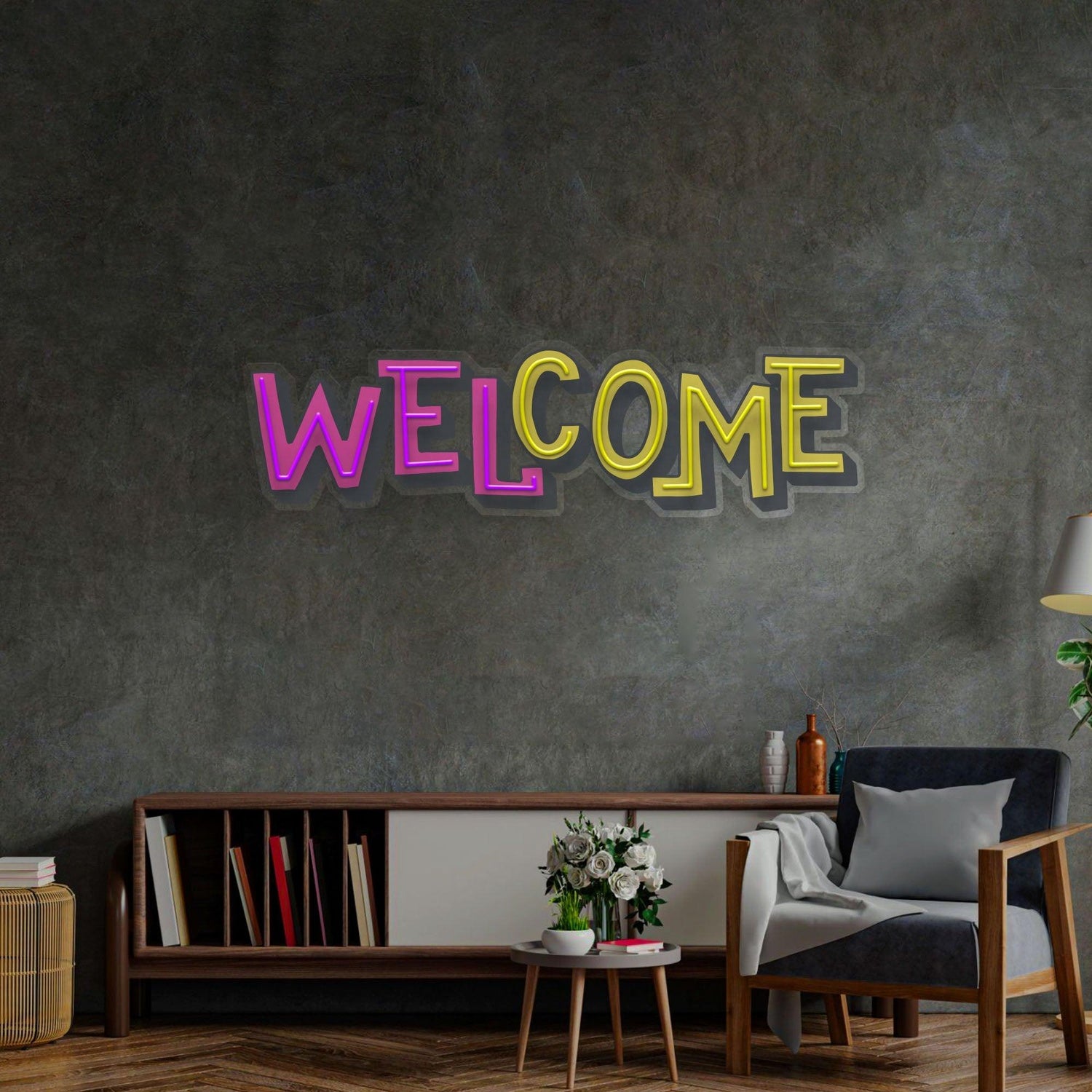 Purple-Yellow Gradient Welcome Uv Printed Led Neon Sign For Indoor Entry Decor | Shineneon