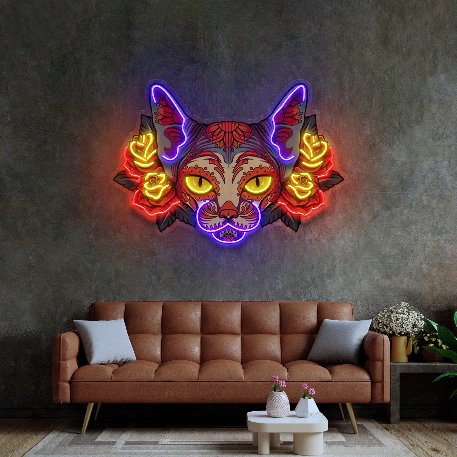 Purple Yellow Red Mexican Sugar Skull Cat Uv Printed Led Neon Sign For Home Bar Cafe Decor | Shineneon