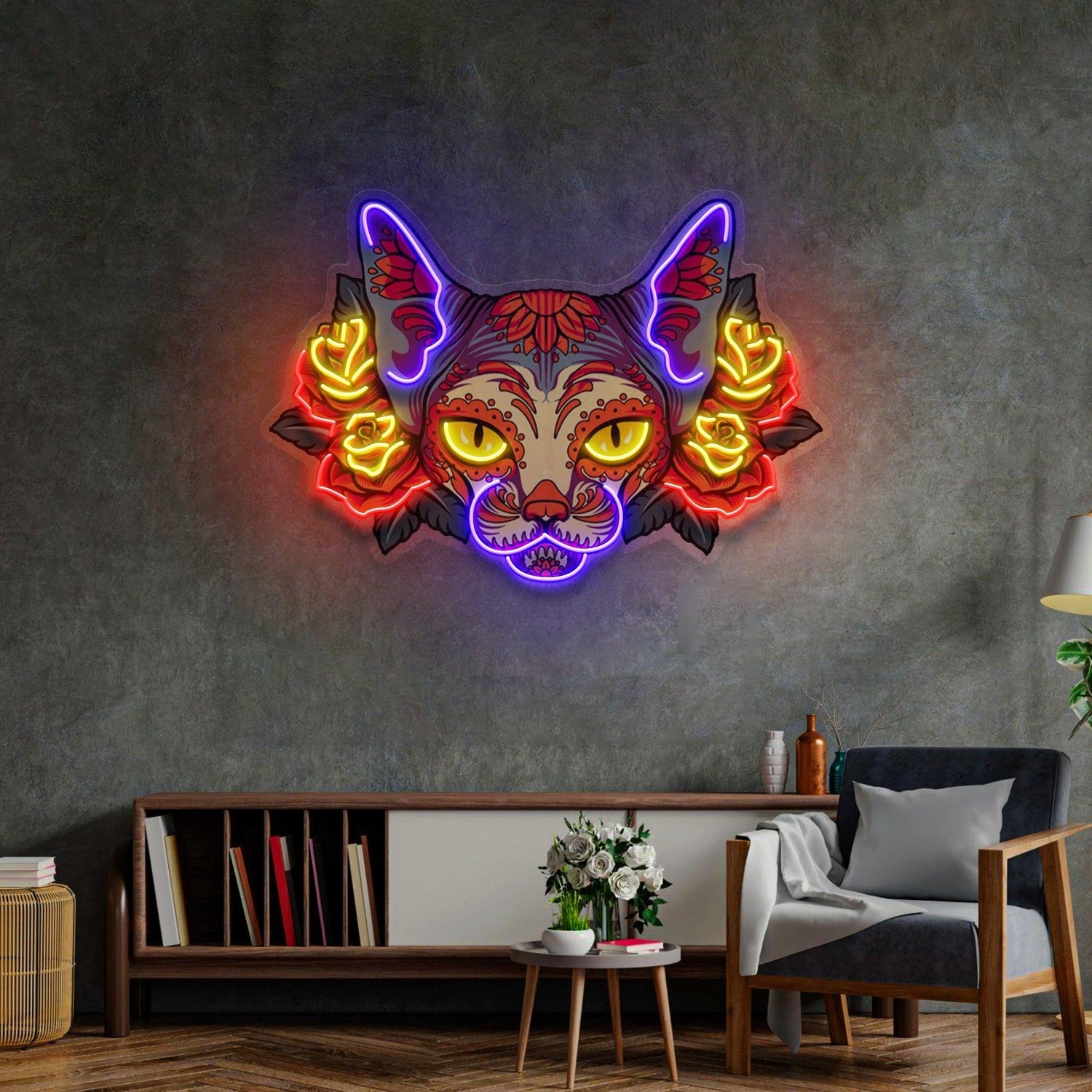 Purple Yellow Red Mexican Sugar Skull Cat Uv Printed Led Neon Sign For Home Bar Cafe Decor | Shineneon