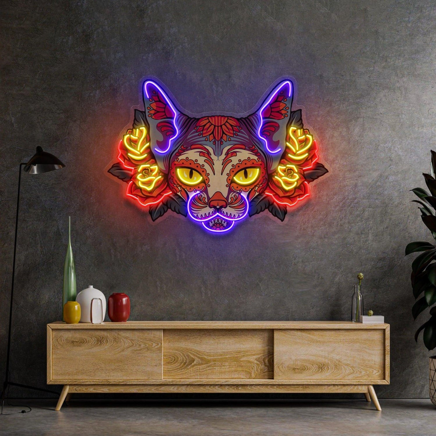 Purple Yellow Red Mexican Sugar Skull Cat Uv Printed Led Neon Sign For Home Bar Cafe Decor | Shineneon