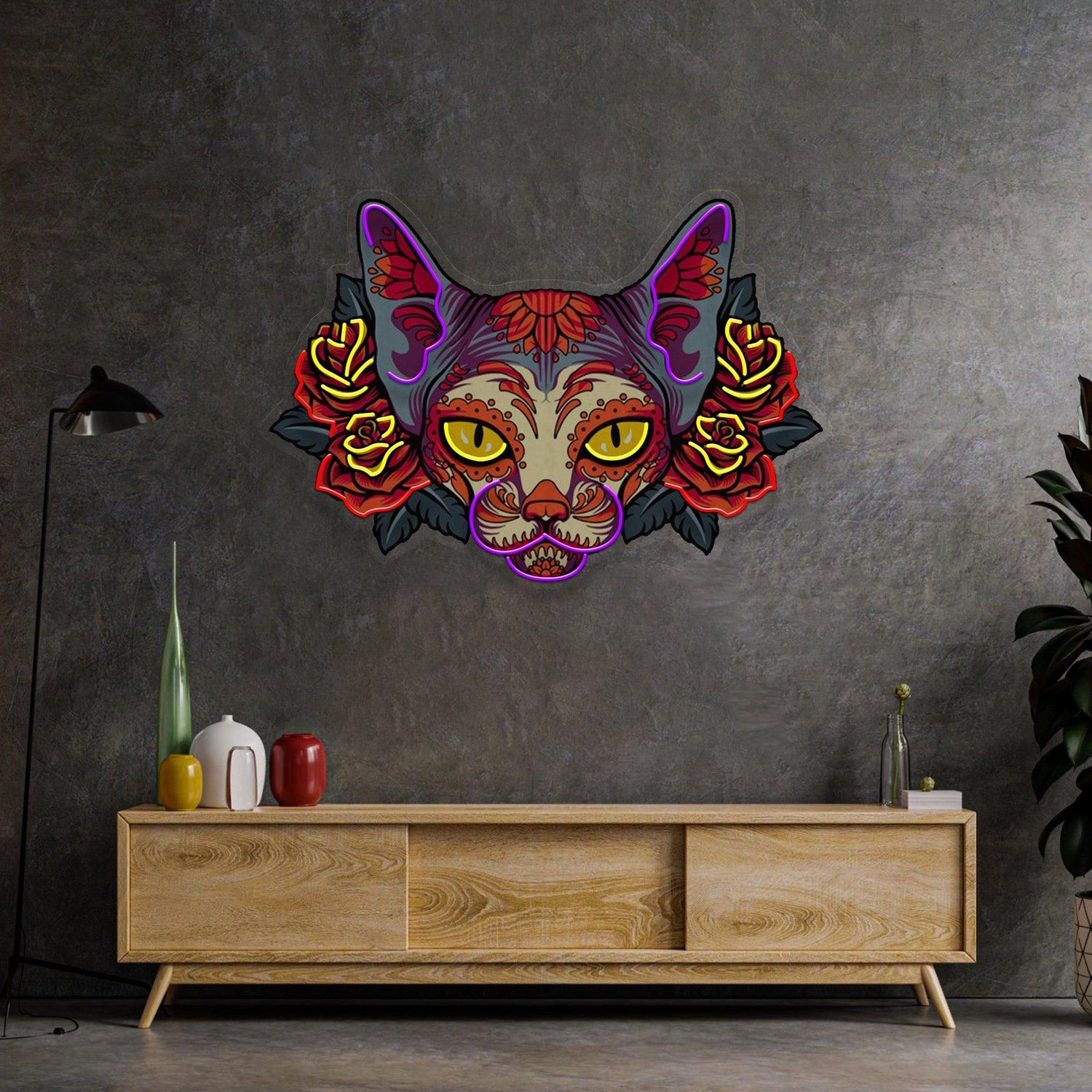 Purple Yellow Red Mexican Sugar Skull Cat Uv Printed Led Neon Sign For Home Bar Cafe Decor | Shineneon