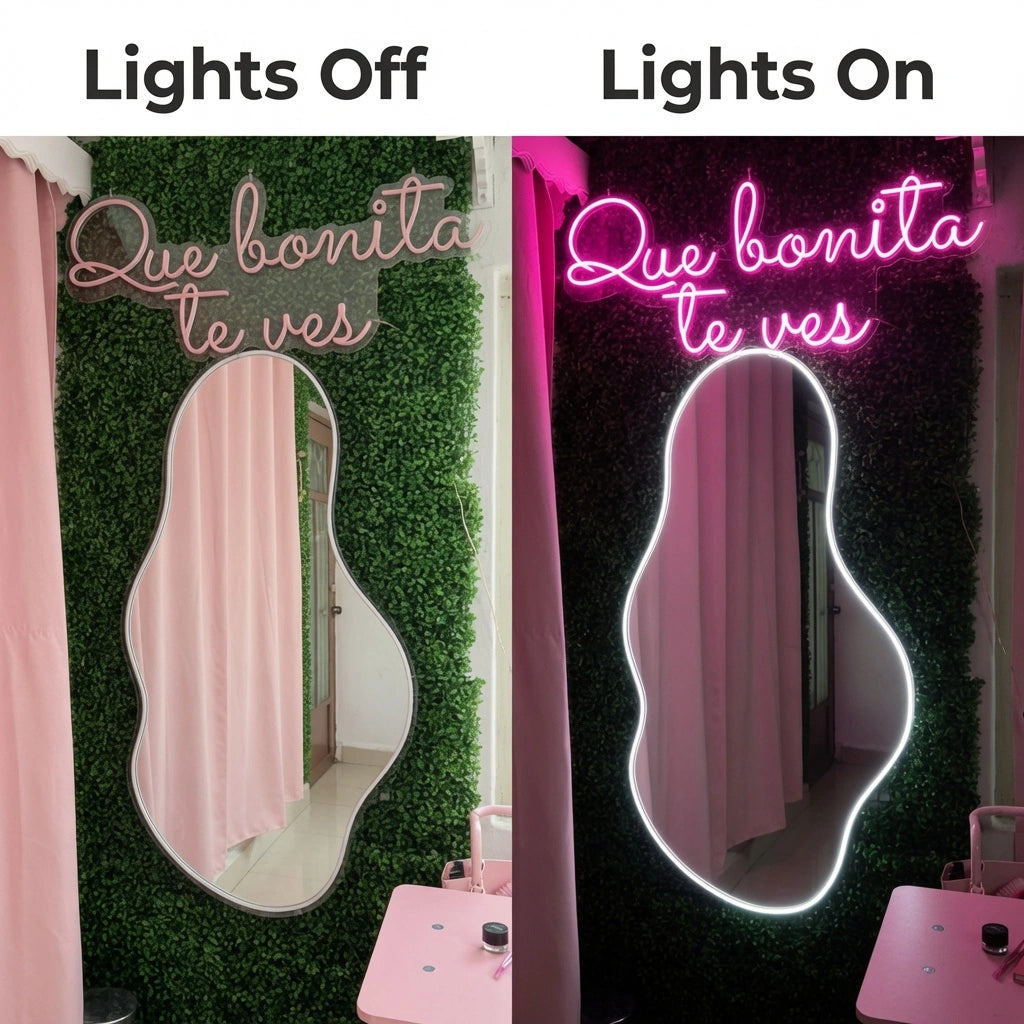 Que Bonita Teves LED Neon Sign - 06 Day Night Comparison