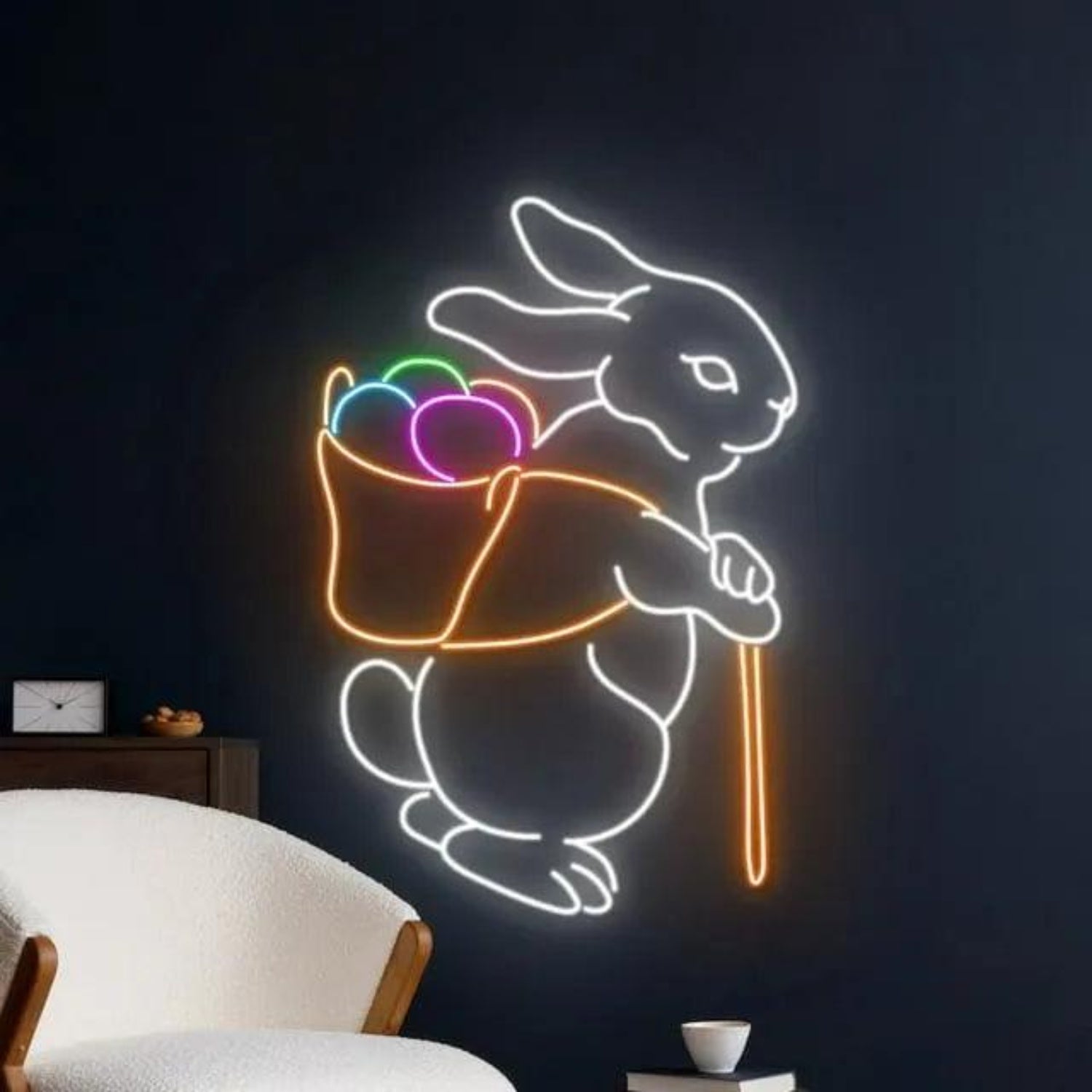 Rabbit Picking Eggs Multicolor Cartoon Led Neon Sign For Easter Home Decor | Shineneon