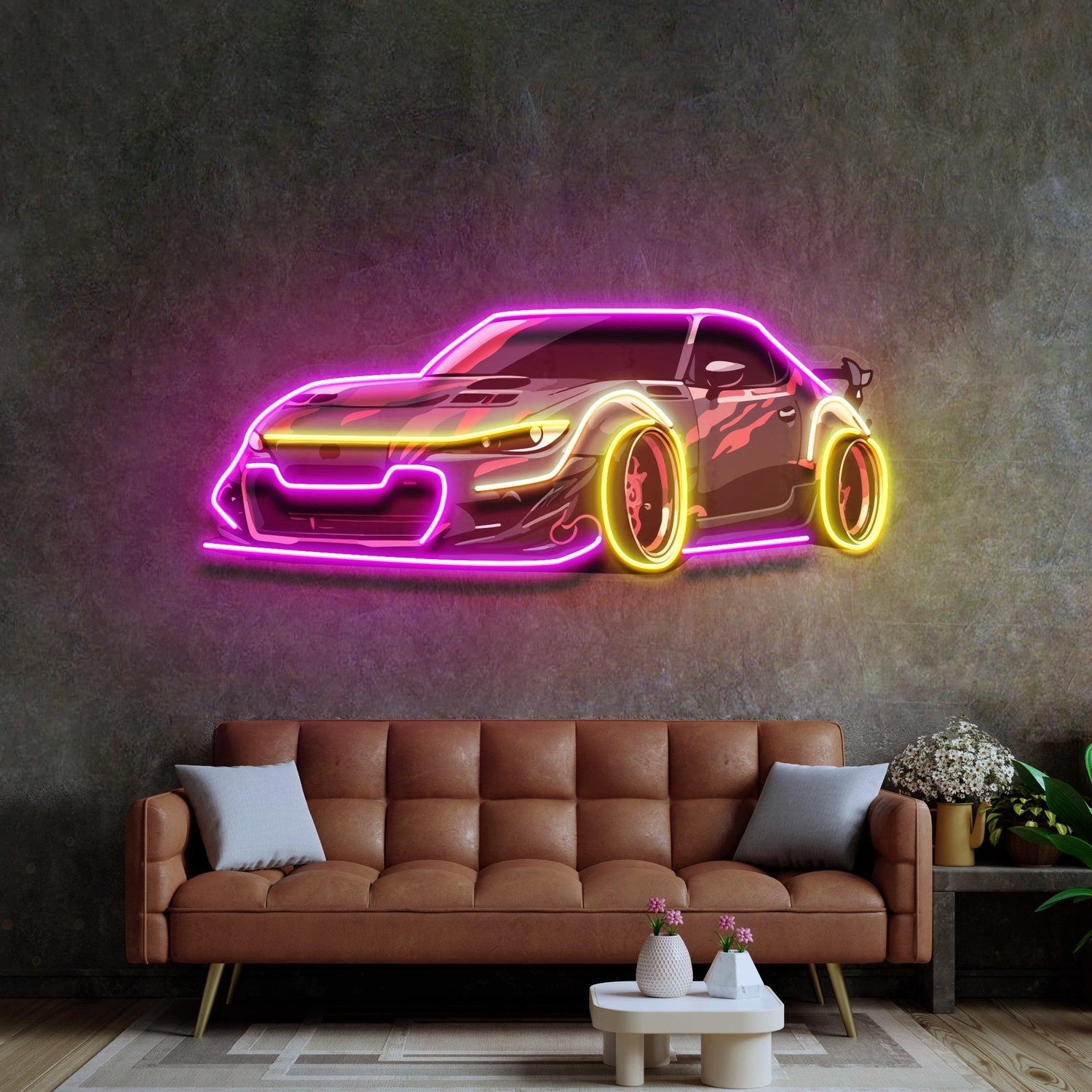 Race Drift Car Uv Printed Led Neon Sign Purple-Yellow Wall Art For Home Garage Studio | Shineneon