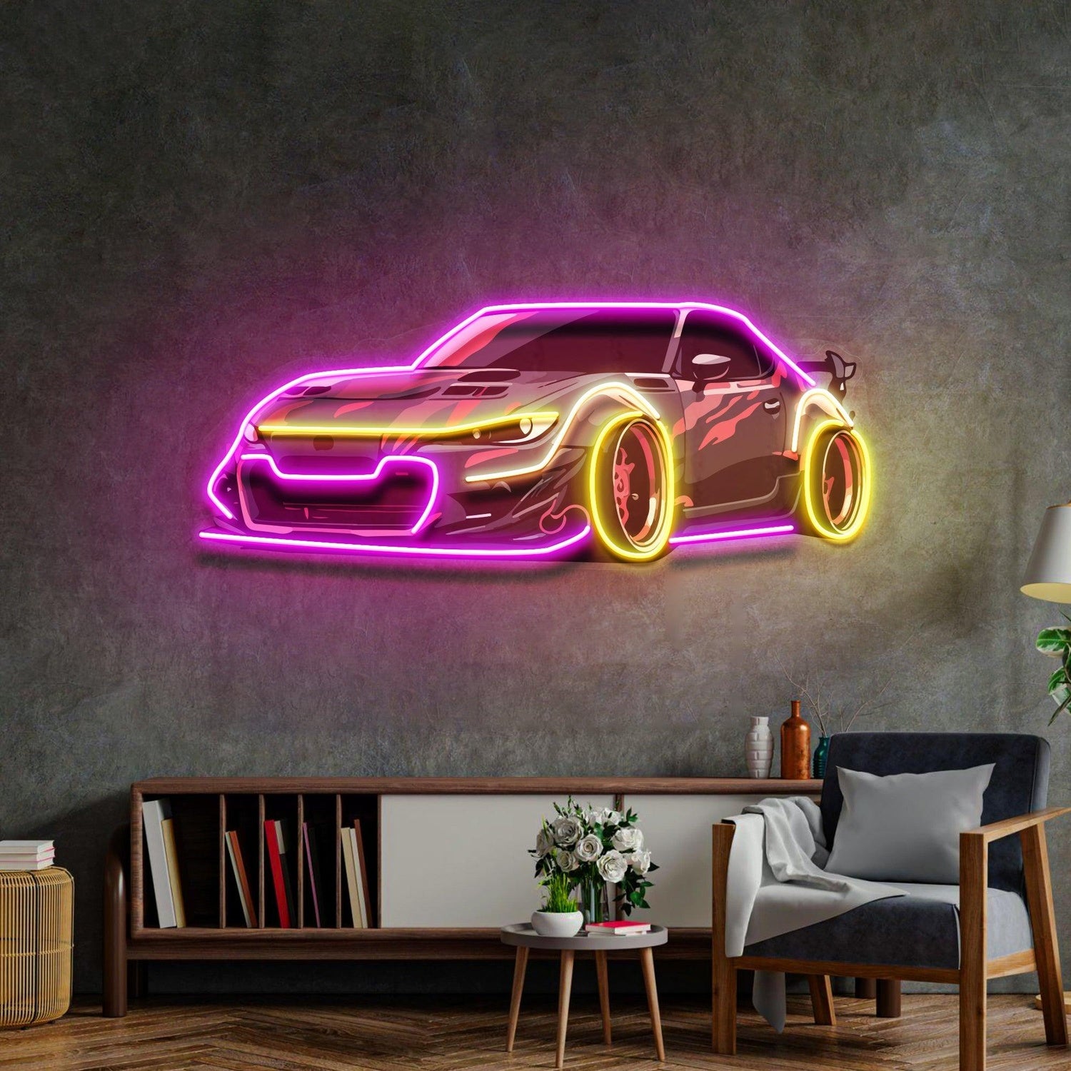 Race Drift Car Uv Printed Led Neon Sign Purple-Yellow Wall Art For Home Garage Studio | Shineneon