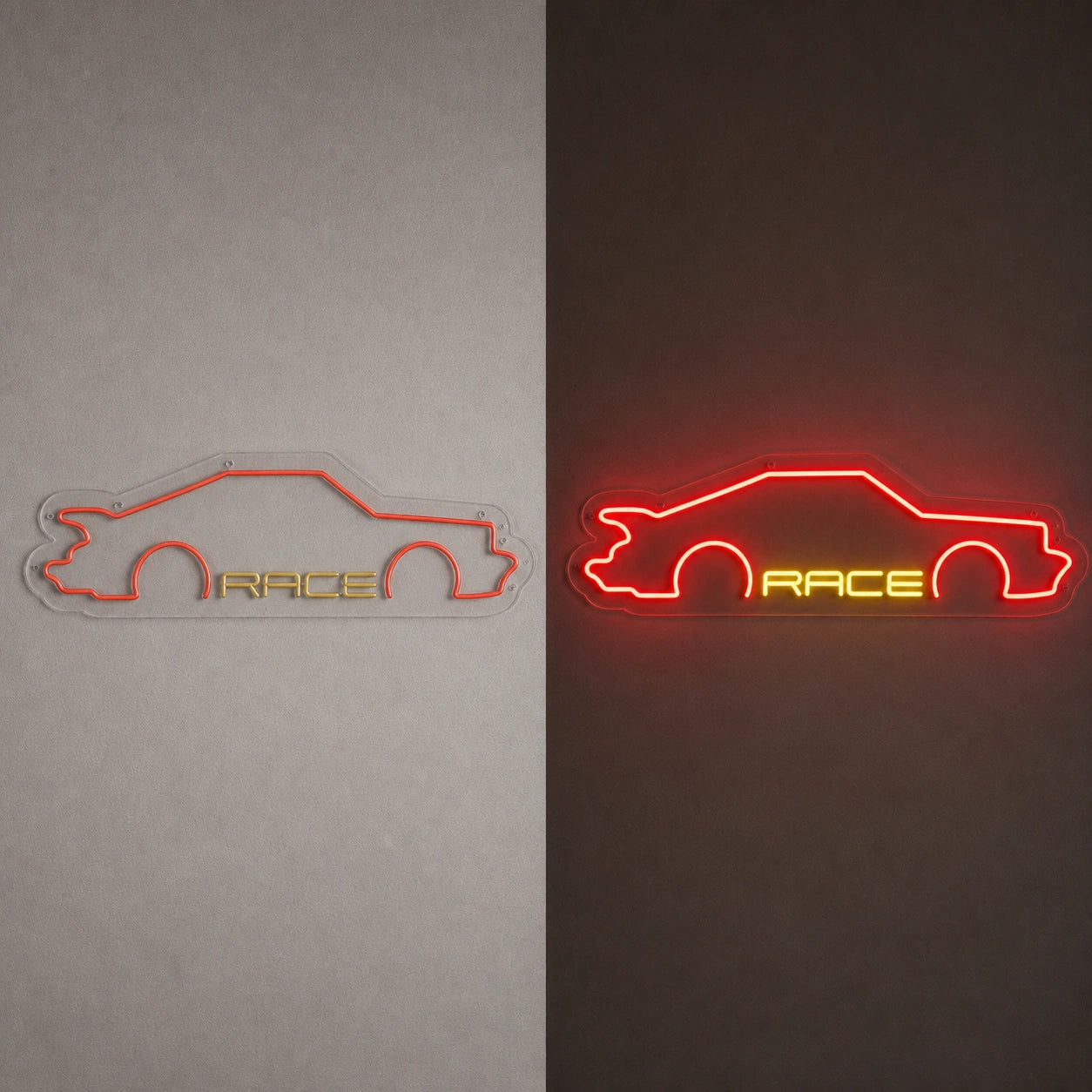 Race Sports Car Vintage LED Neon Sign day and night comparison