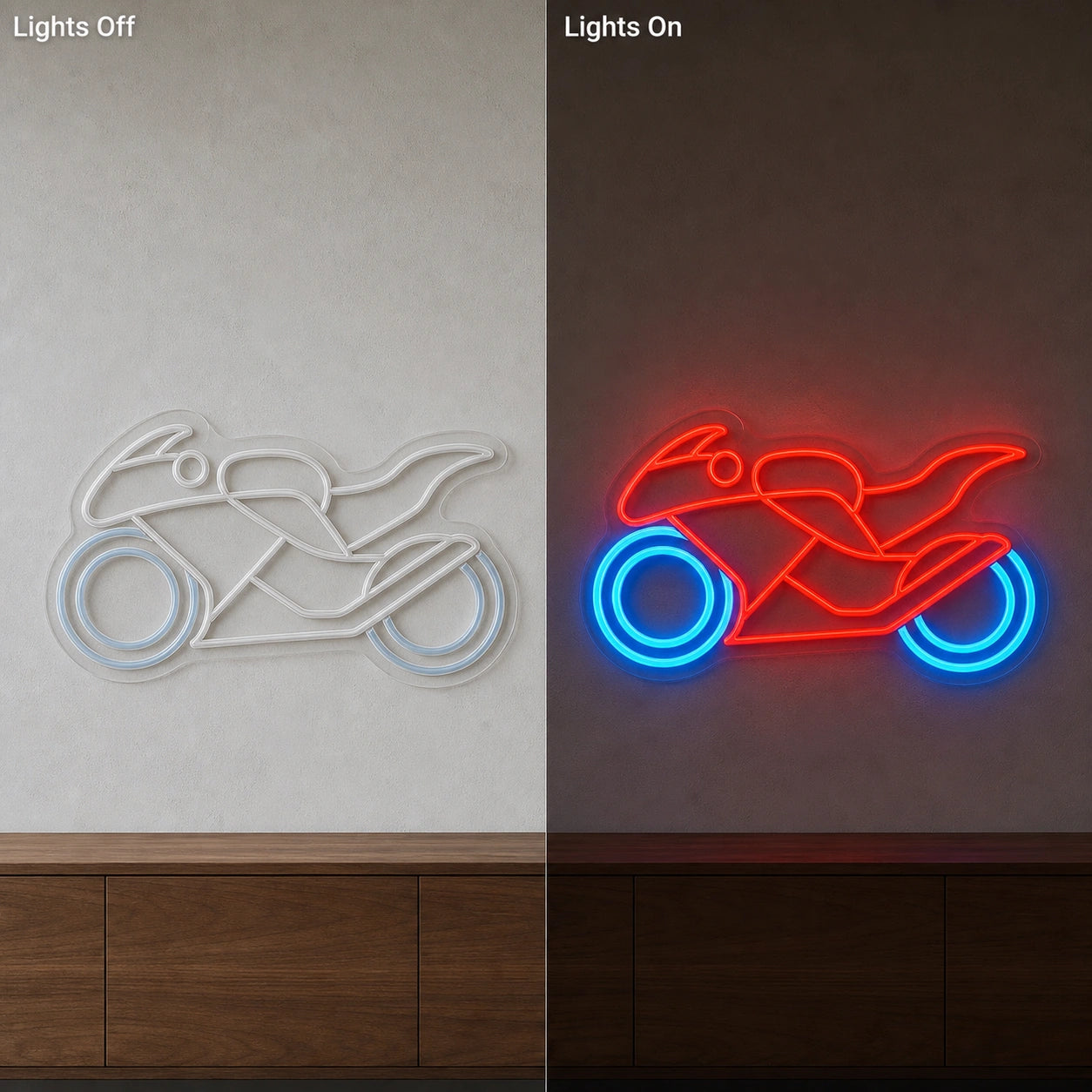 Racing Motorcycle Side Profile LED Neon Sign Garage Man Cave Neon Sign day and night comparison