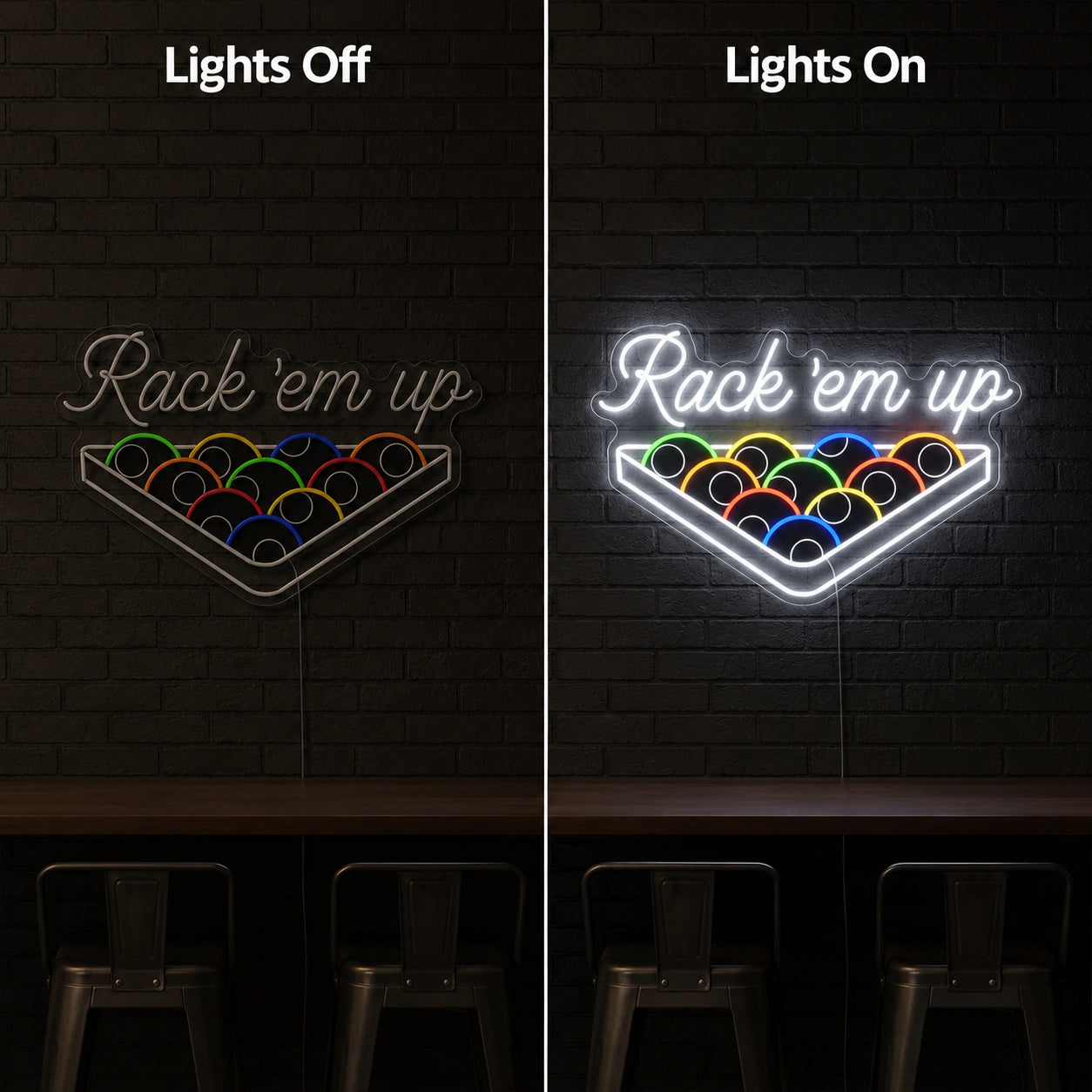 Rack Em Up Neon Sign LED Neon Sign day and night comparison
