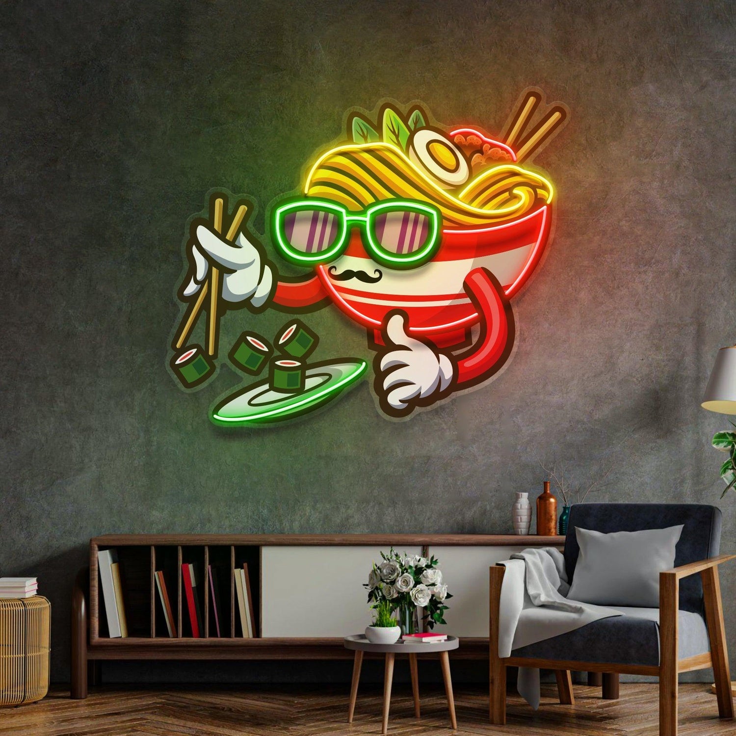 Ramen Eating Sushi Cartoon Uv Printed Led Neon Sign For Restaurant Home Decor | Shineneon