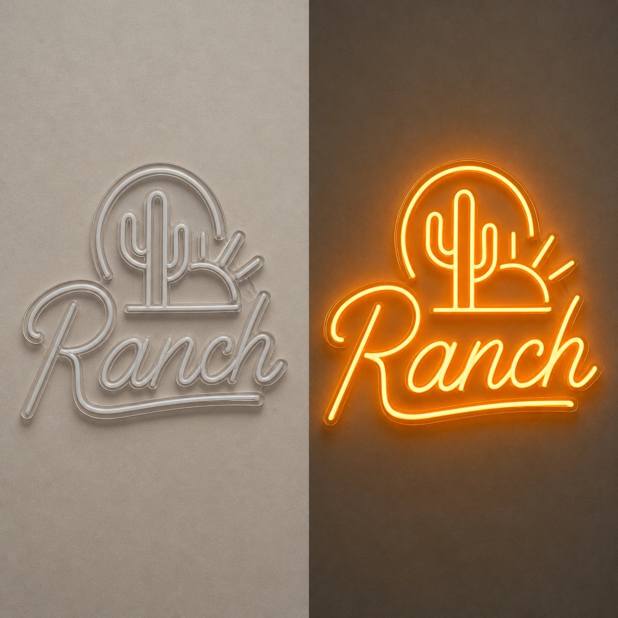 Ranch Cactus Sunset Vintage LED Neon Sign day and night comparison