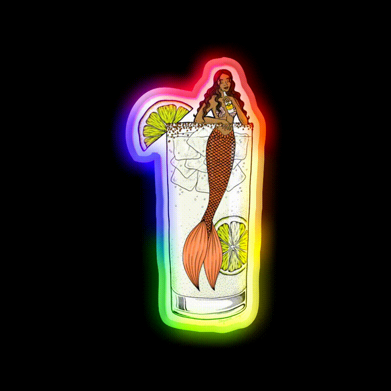 Ranch Water Mermaid Cocktail Illustration Party Drink Tequila Led Neon Sign Rgb Color - LED neon sign close-up detail