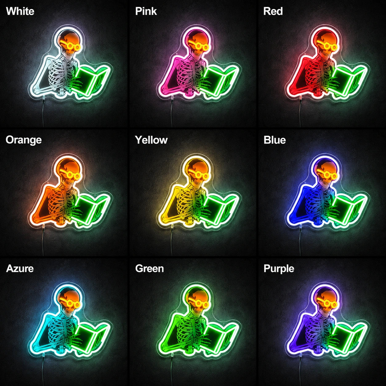 Reading Skeleton Book LED Neon Sign day and night comparison
