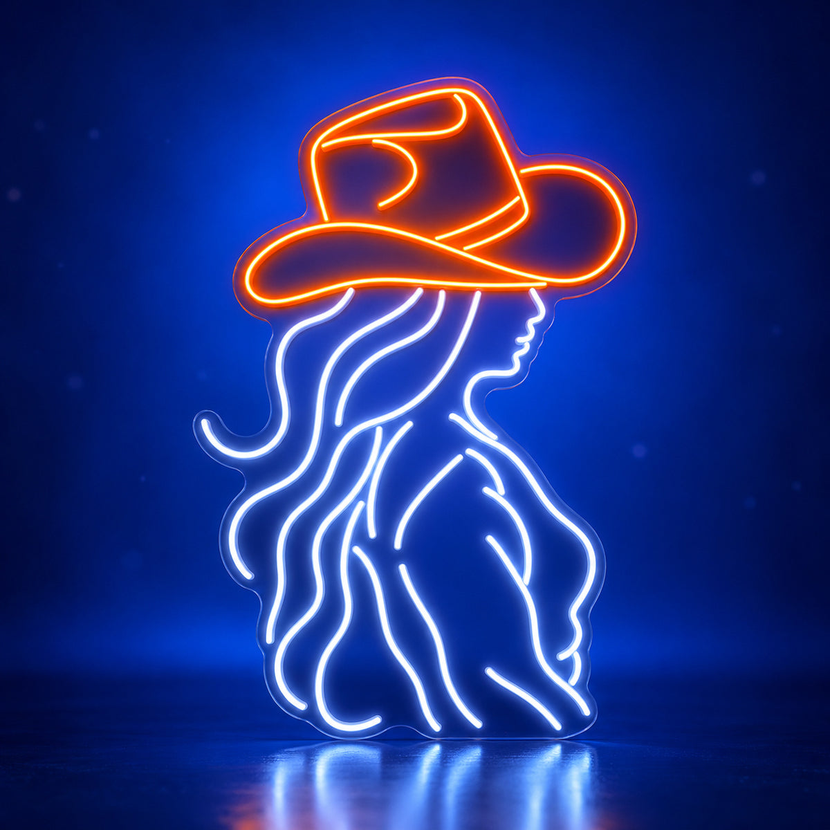Cowgirl Wavy Hair Profile LED Neon Sign - advertising view