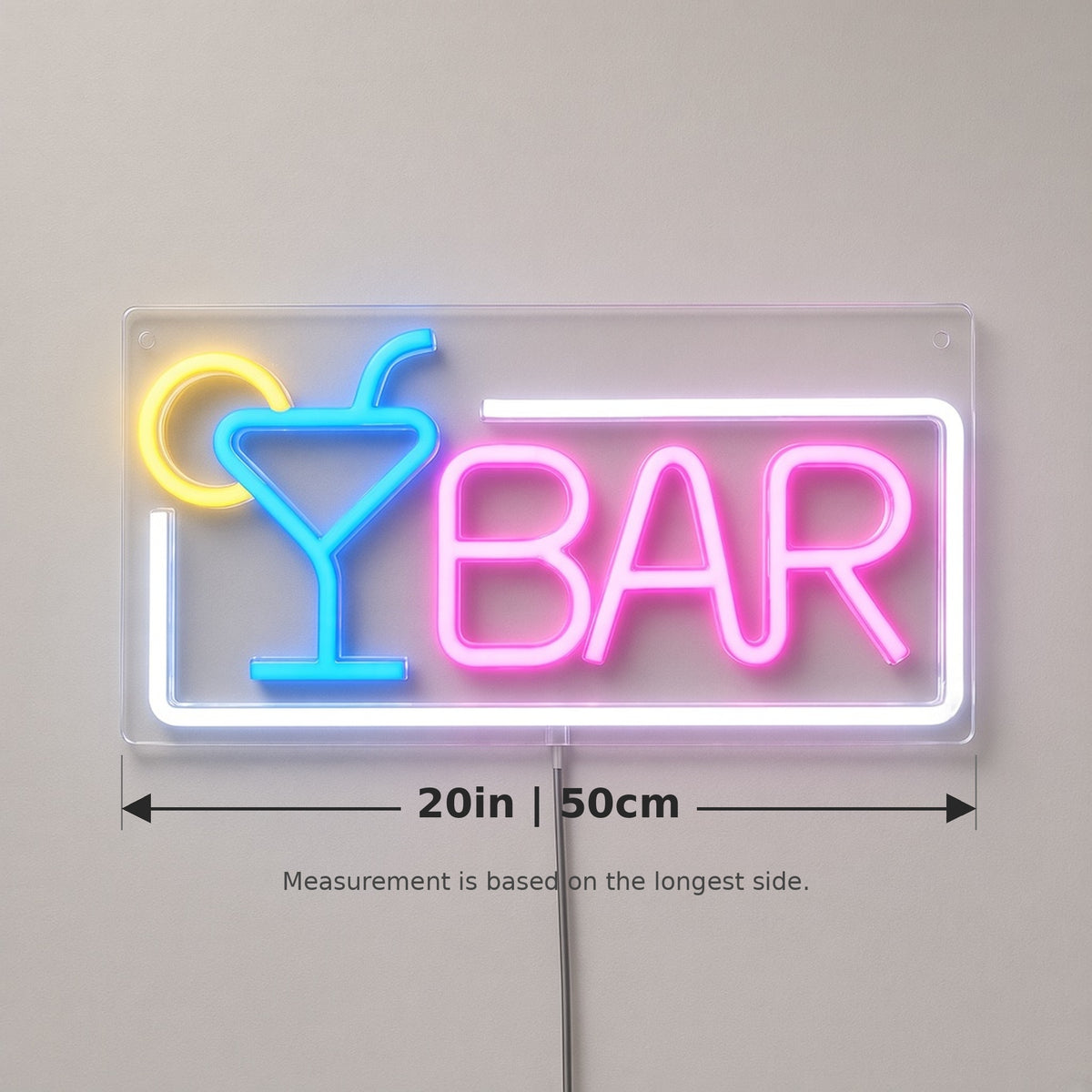 BAR Letters Martini Glass Lemon on Clear Panel for Pub LED Neon Sign - size guide